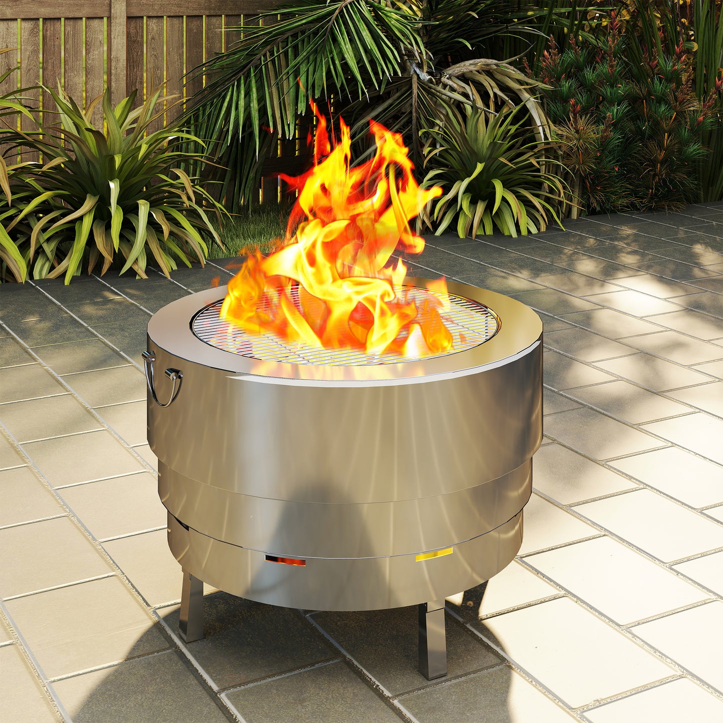 Outsunny Stainless Steel Wood Burning Fire Pit With Fire Poker Silver Portable Outdoor Fire Pit For Grilling