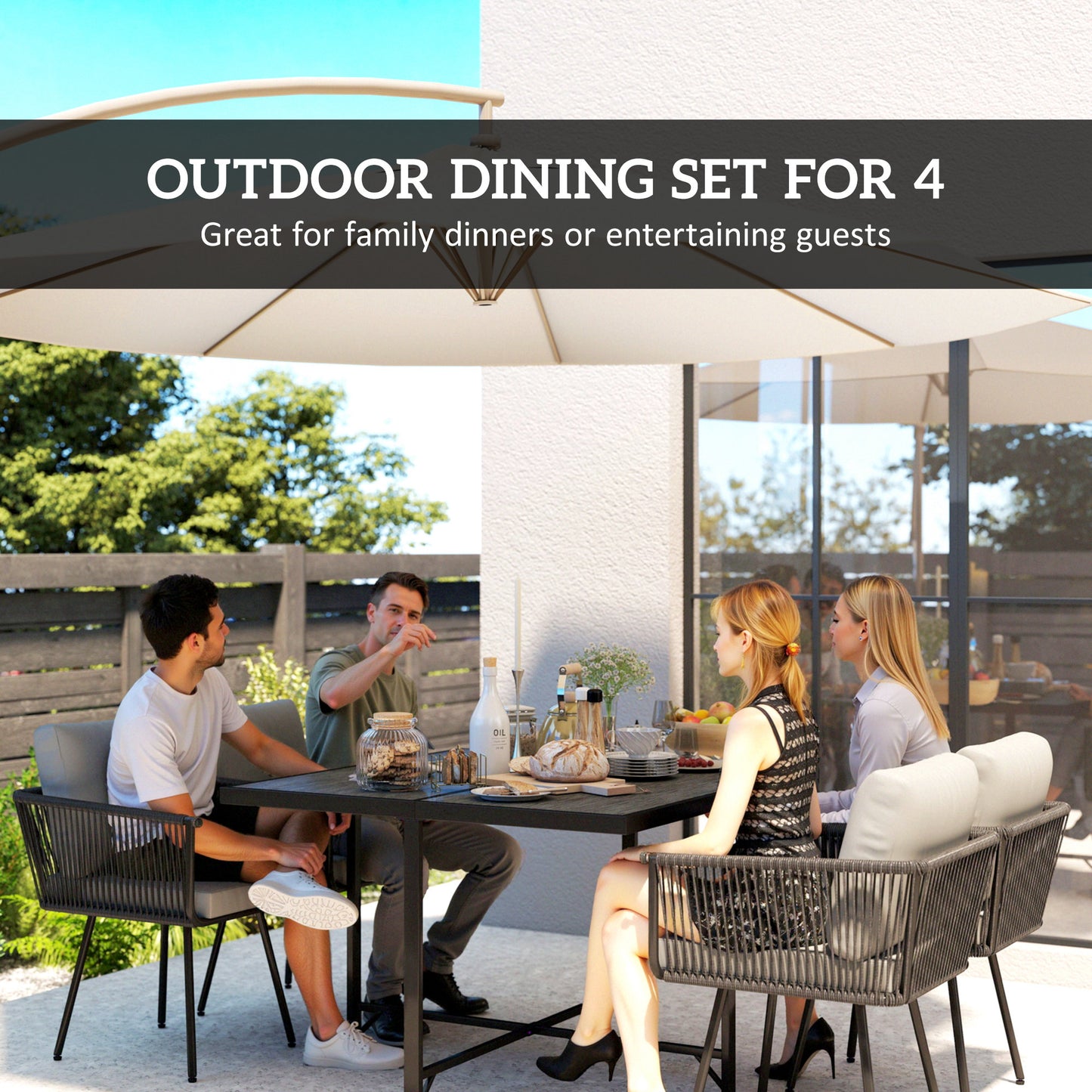 Outsunny 5 Piece Garden Dining Set With Wood Plastic Table And Four Armchairs In Light Grey