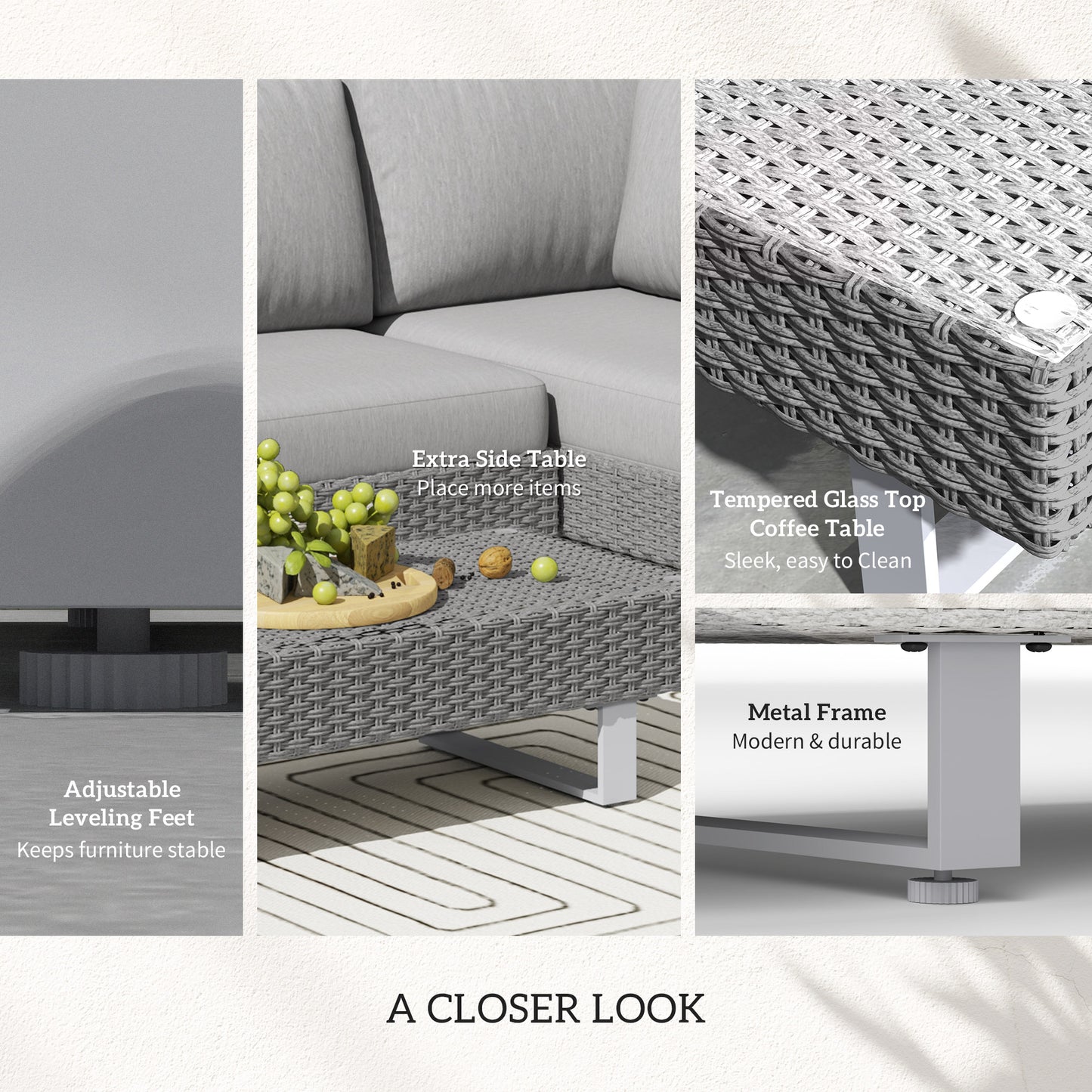 Outsunny Three Piece Rattan Sofa Set With Cushions And Table Light Grey Weather Resistant Outdoor Garden Furniture