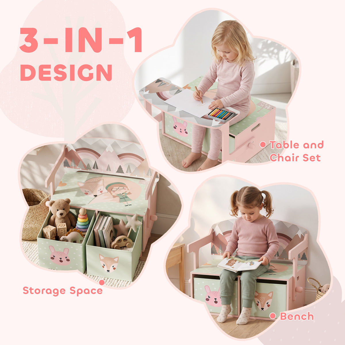 3-in-1 kids table, bench, and chair set with animal print storage panels
