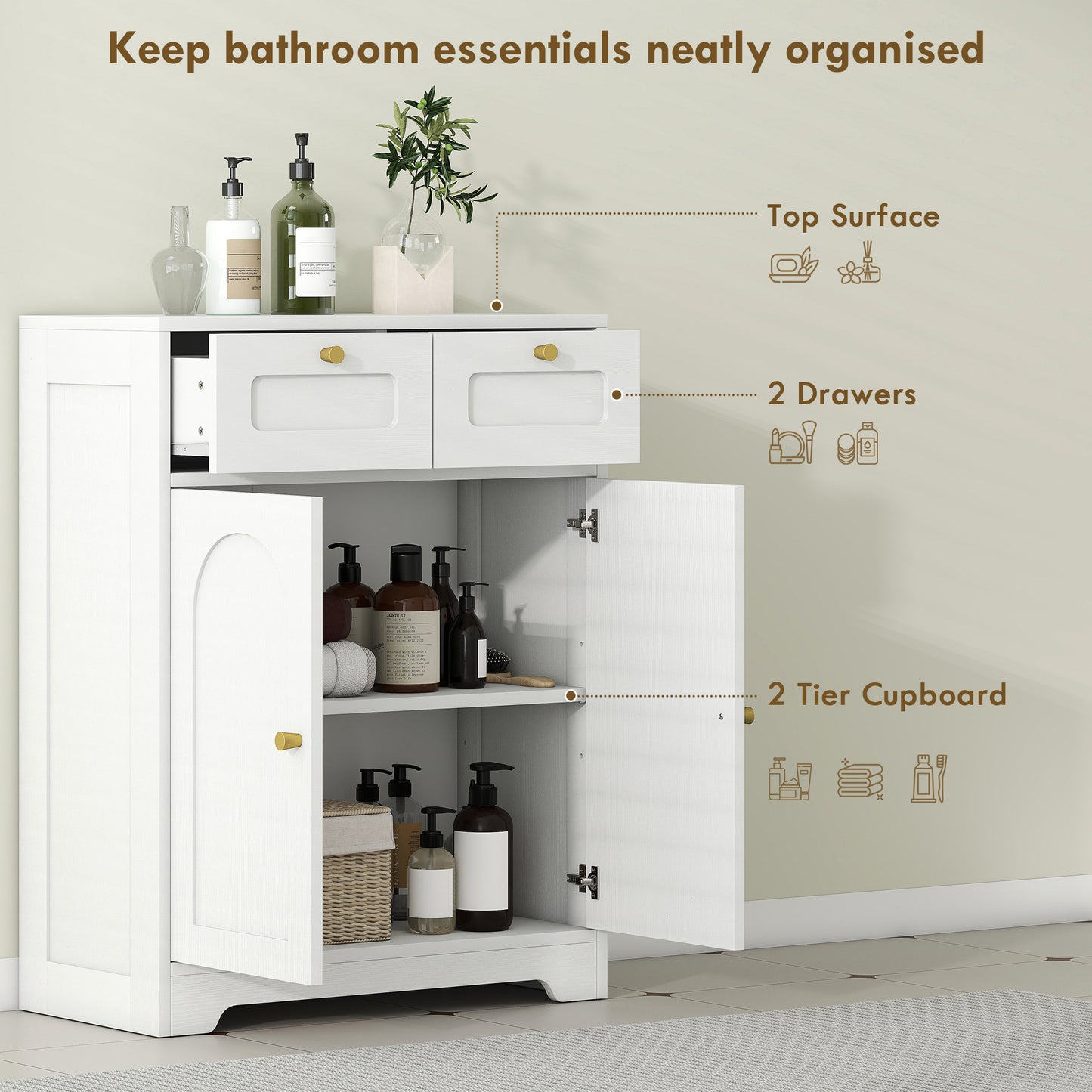 HOMCOM White Bathroom Floor Cabinet With Two Drawers And Adjustable Shelf For Towels Skincare And Essentials