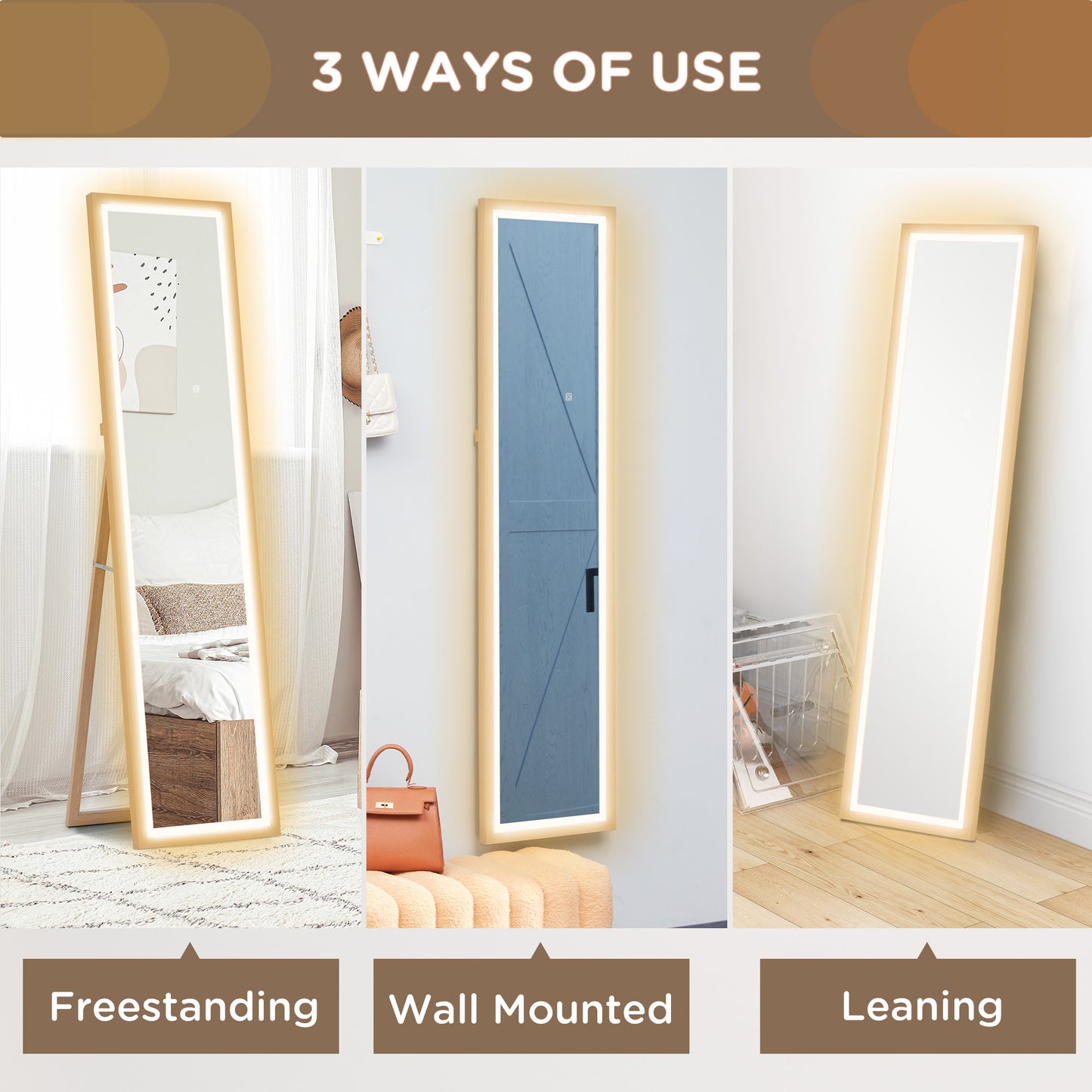 HOMCOM Full Length Mirror With Adjustable Outer LED Light In Oak Finish Three Color Temperatures