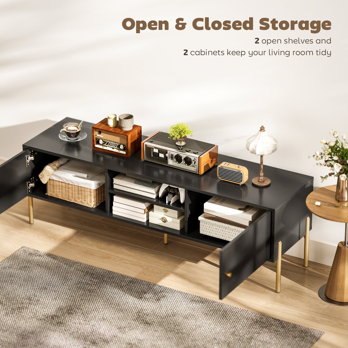 HOMCOM TV Stand for 65 Inch TVs Entertainment Center With Two Open Shelves And Two Cabinets Steel Legs Black