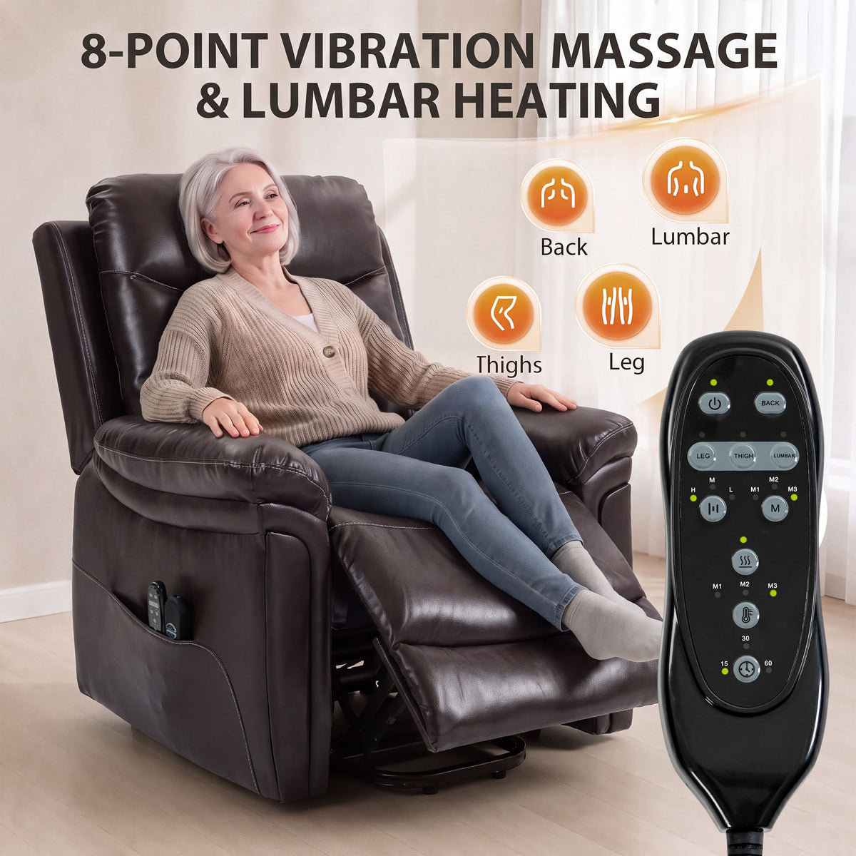 Brown massage and heat recliner chair with handheld remote control, reclined view.