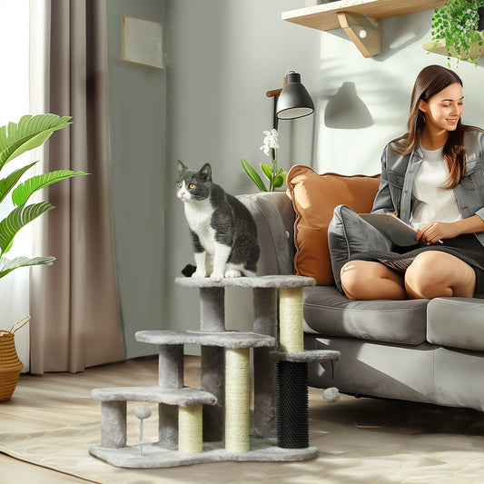 PawHut 2-in-1 Cat Tree & Pet Stairs with Scratching Post and Toy Balls - Light Grey