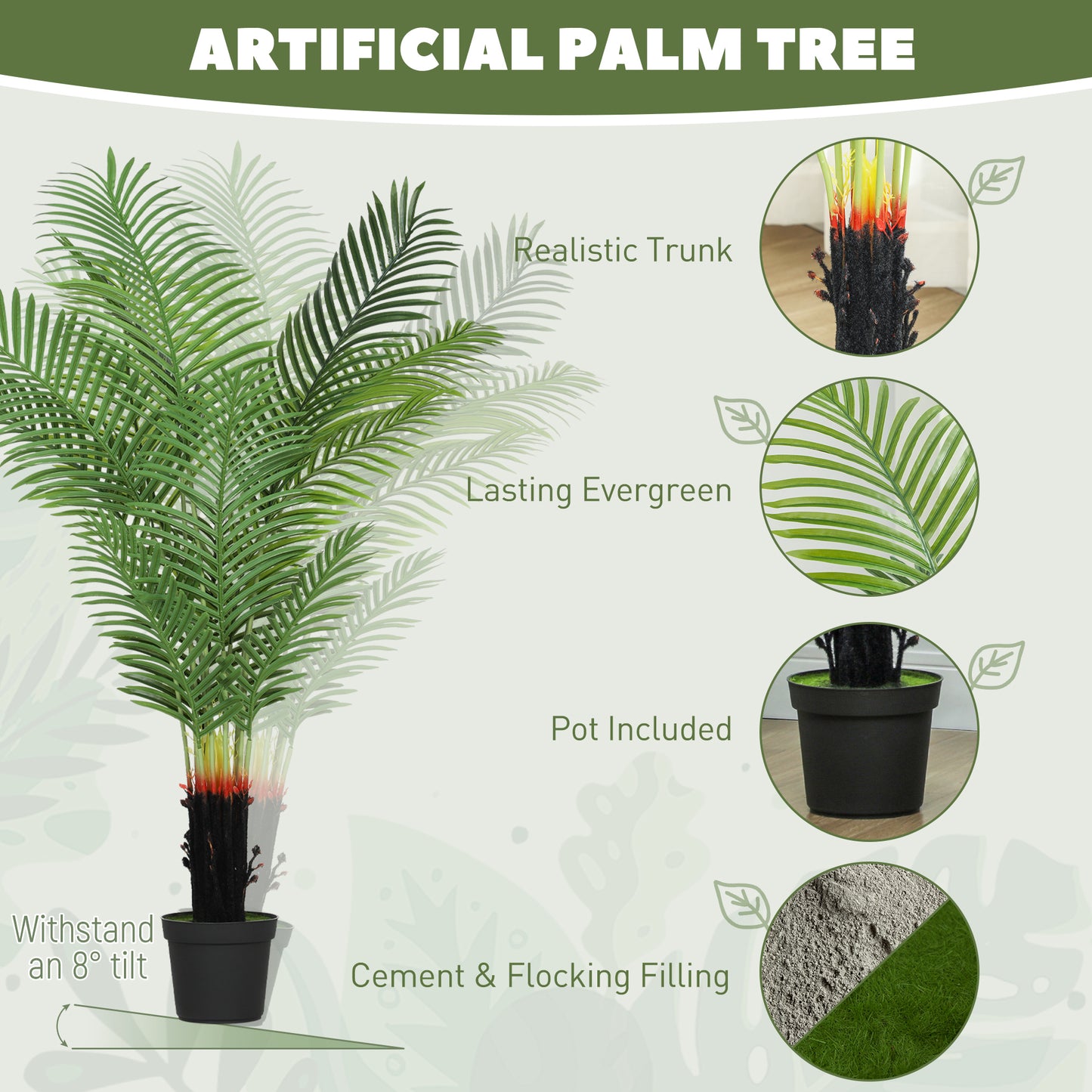 HOMCOM 150cm Artificial Areca Palm Tree With 12 PE Leaves In Plastic Pot Flocked Soil For Home Office Decorative Green