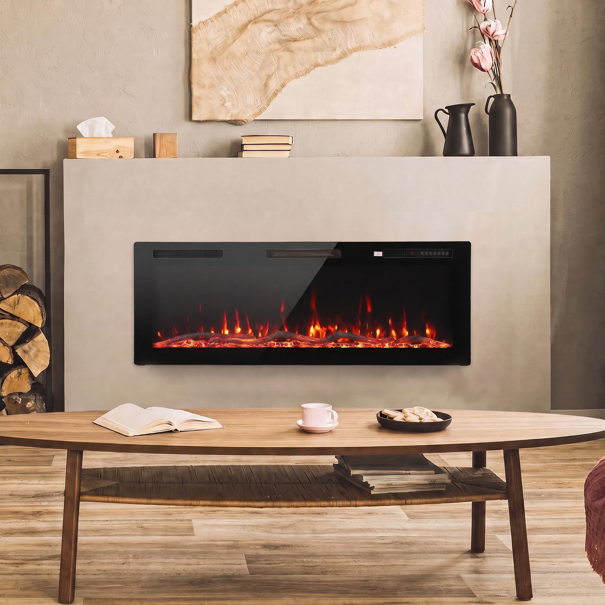 Slim wall-mounted electric fireplace with black frame and orange flame effect.
