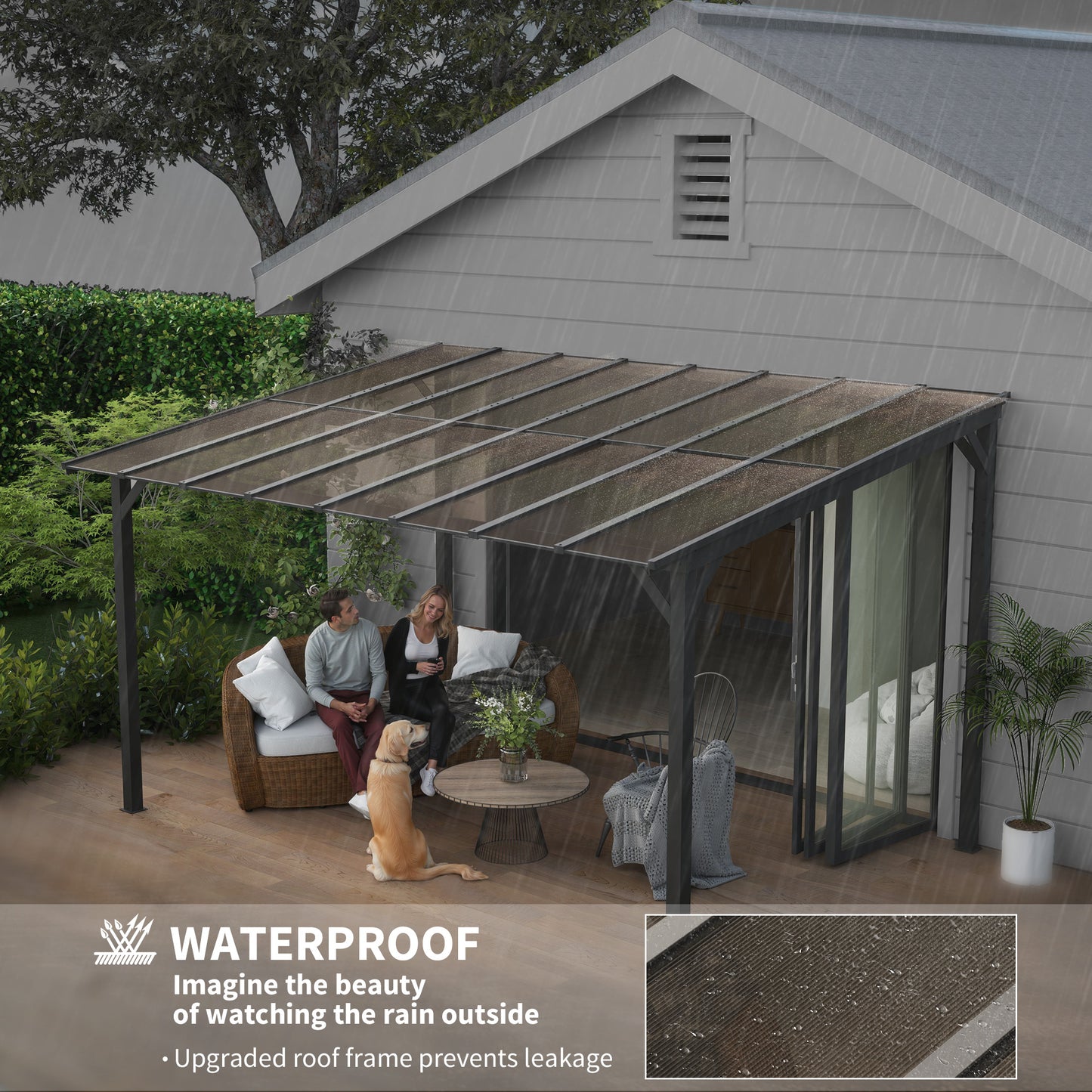 Outsunny 3x4.3m Metal Pergola With UPF 50 Plus Waterproof Polycarbonate Roof Wall Mounted Garden Gazebo Dark Grey