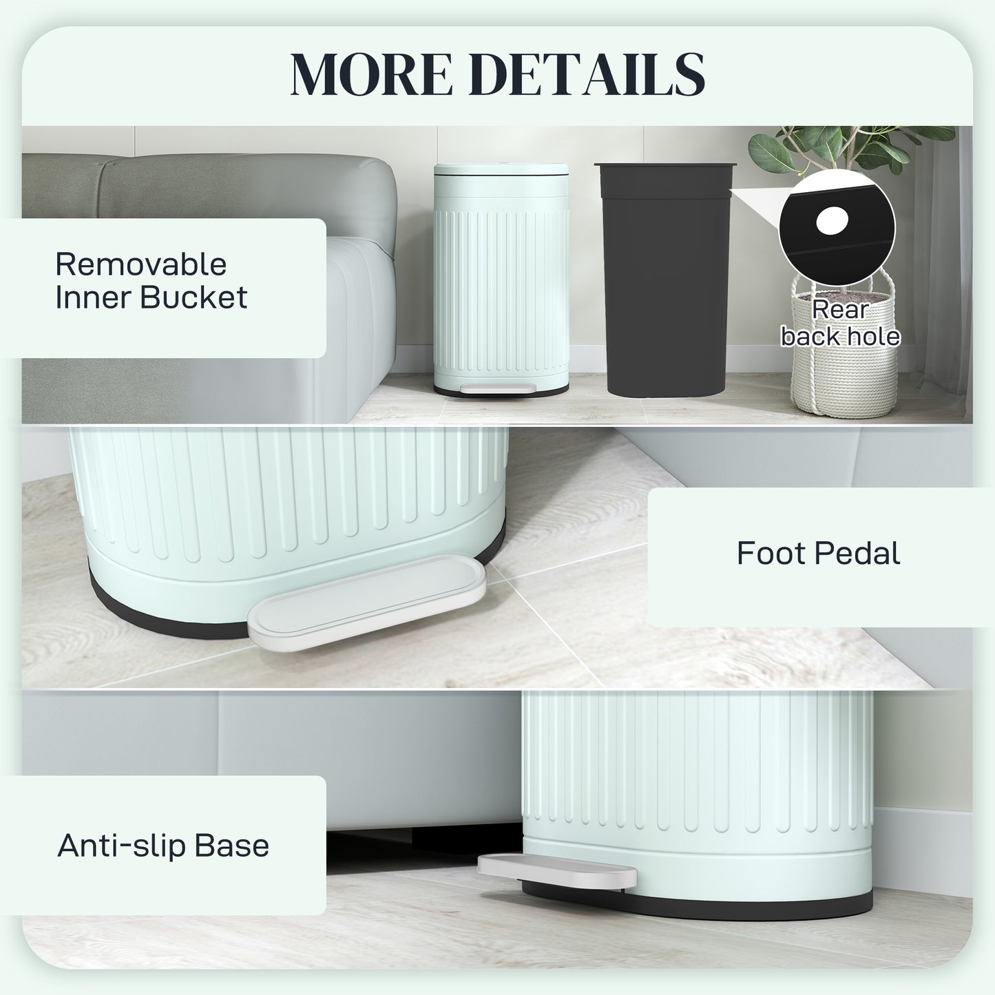 HOMCOM 30L Metal Kitchen Bin With Soft Close Lid Pedal Operated Stay Open Inner Removable Bucket Light Green
