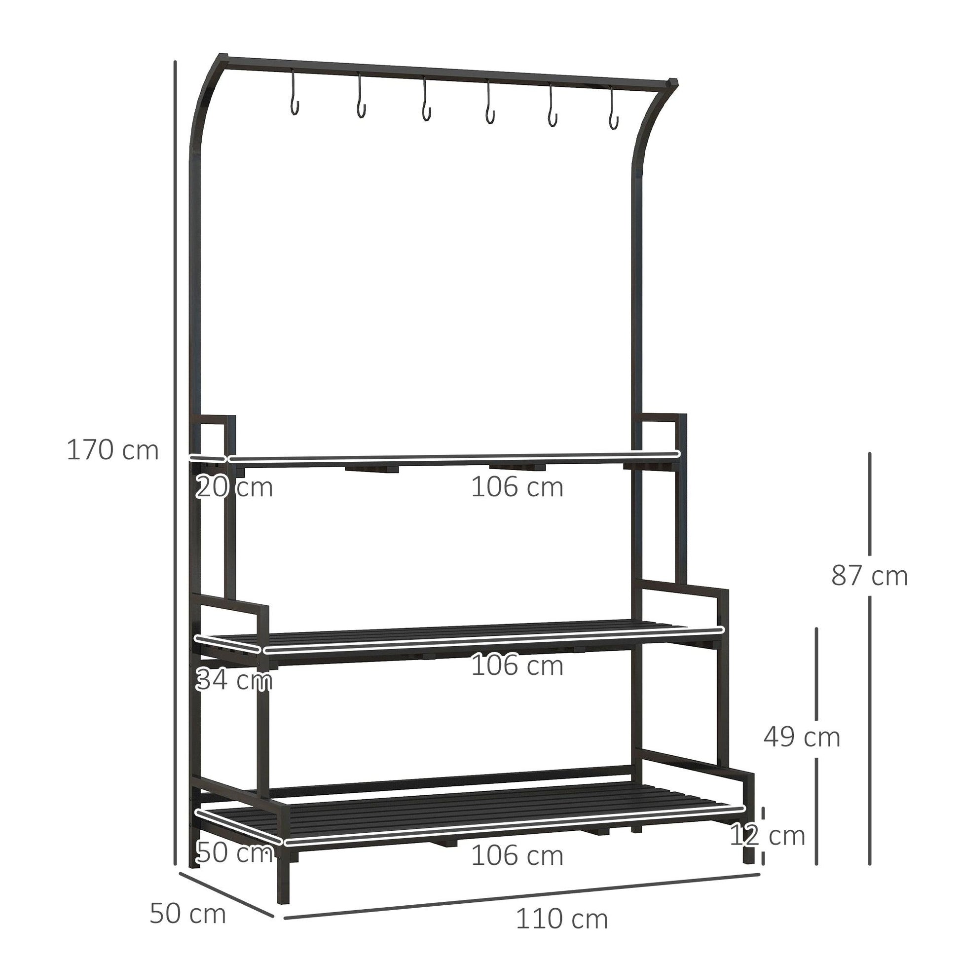 Outsunny 3 Tiered Plant Rack with Hanging Hooks, Tall Plant Stand for Indoor Outdoor Porch Balcony Use, Black - ALL4U RETAILER LTD