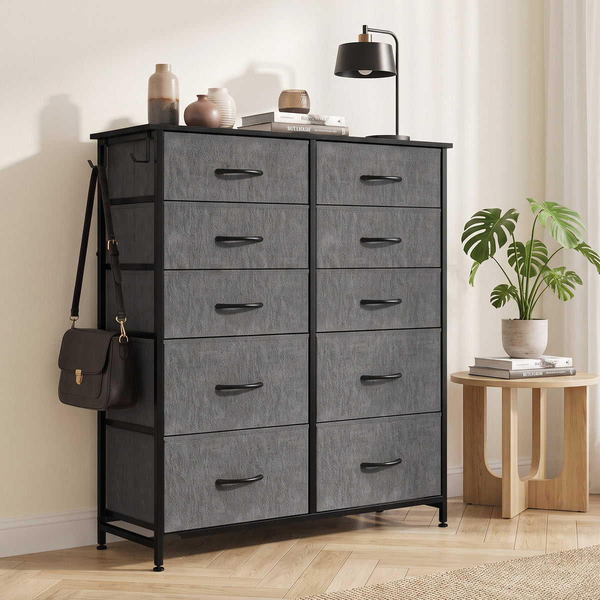 HOMCOM 10 Drawer Fabric Dresser with Steel Frame, 4 Side Pockets and 2 Hooks