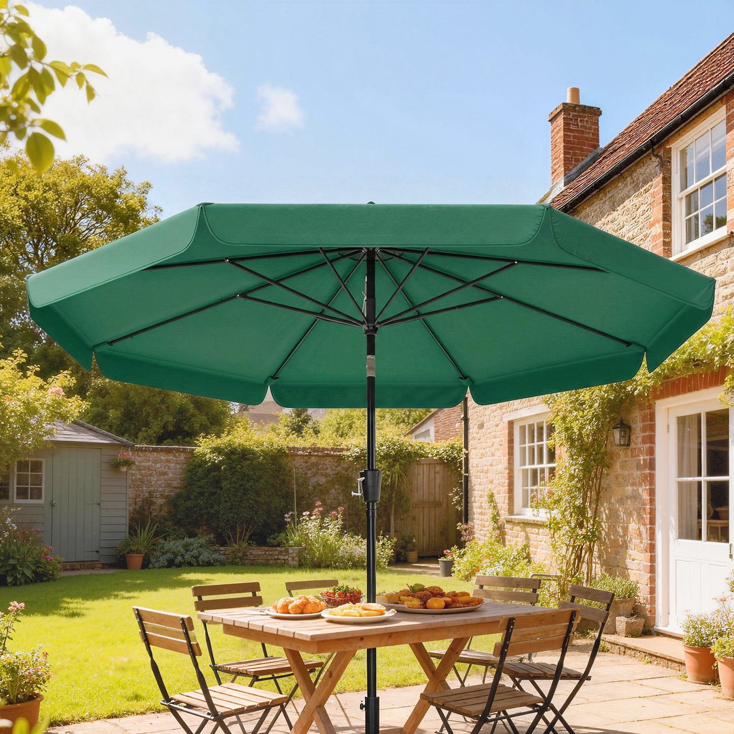 Outsunny 3m Garden Parasol With Tilt Mechanism And Crank Handle UPF 30 Sun Protection Patio Umbrella Table Green