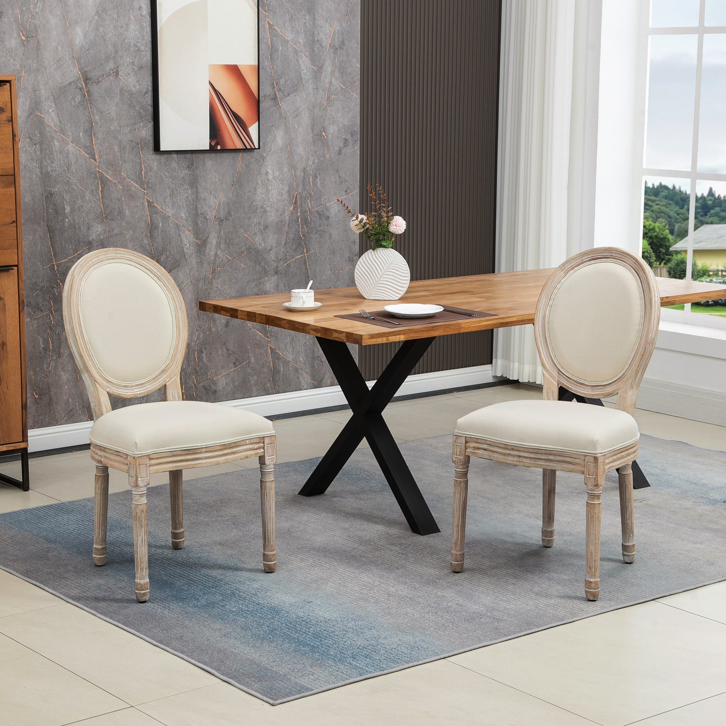 HOMCOM Set of 2 French-Inspired Dining Chairs with Linen-Touch Upholstery and Adjustable Feet, Cream - ALL4U RETAILER LTD