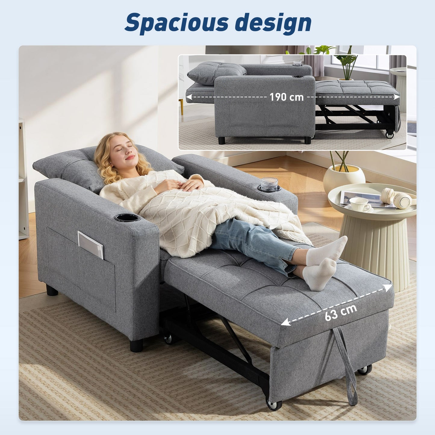 HOMCOM 3-In-1 Sofa Bed Armchair to Lounger to Bed Dark Grey 95 X 190 Cm Bed Size