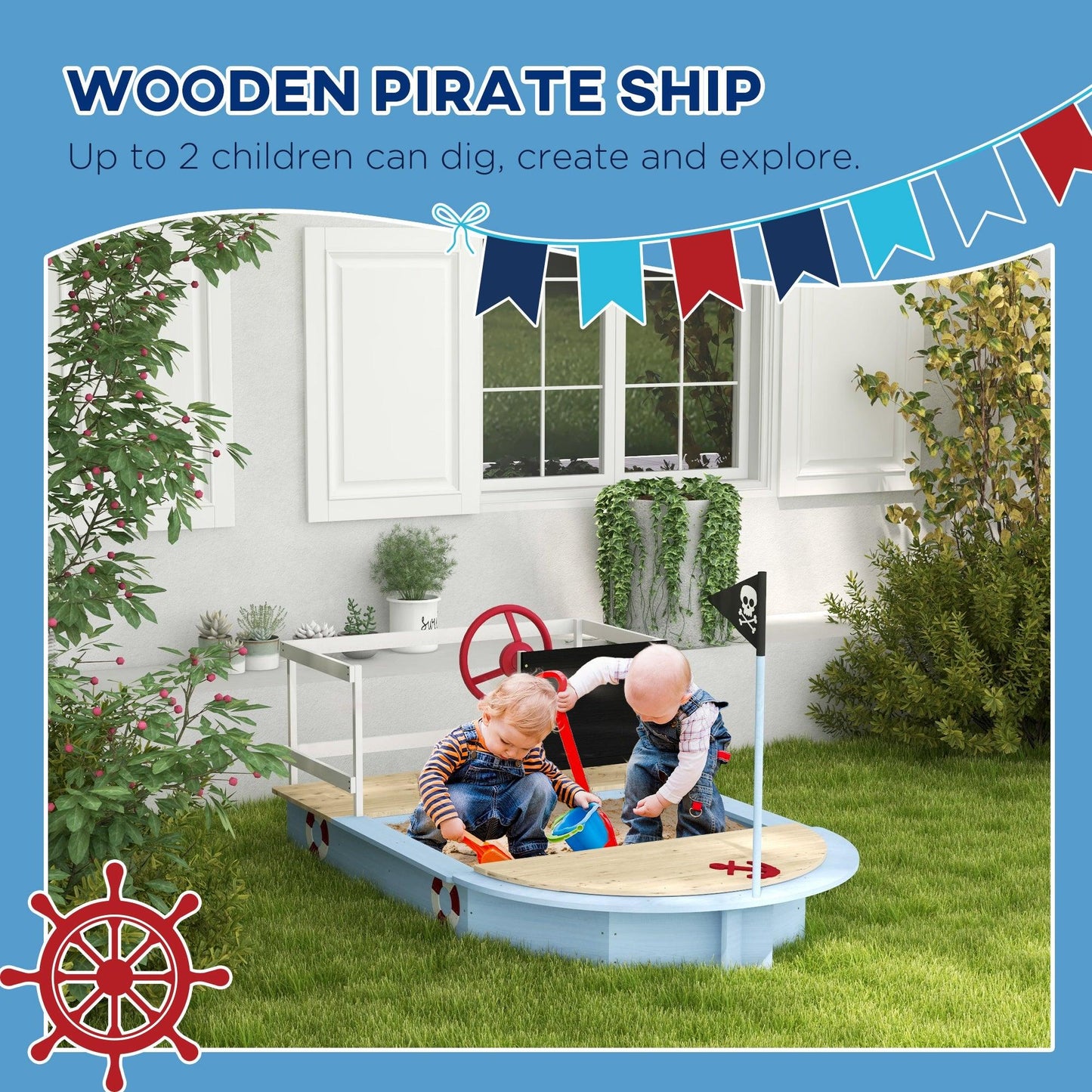 Outsunny Wooden Kids Sandbox Pirate Ship Design Blue - ALL4U RETAILER LTD