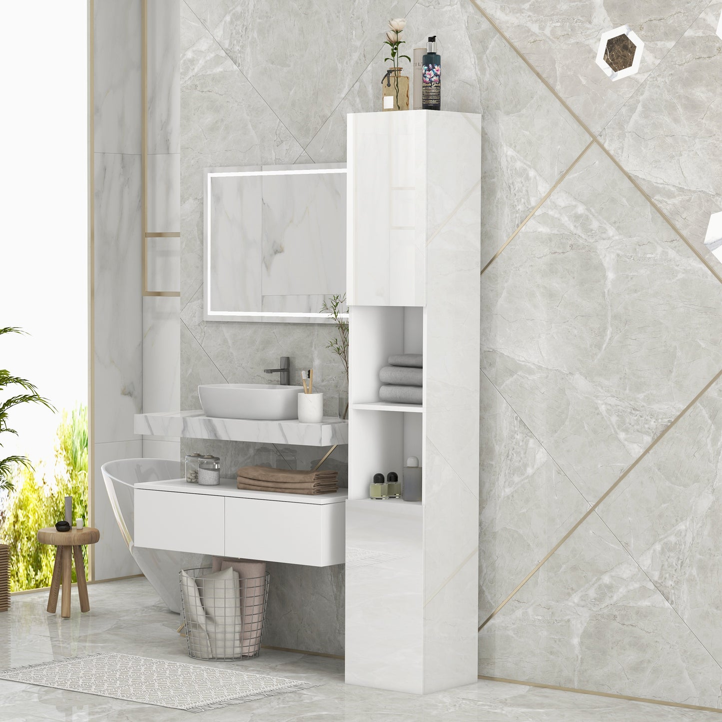 Kleankin Modern White Freestanding Bathroom Storage Cabinet with Mirror and Adjustable Shelves - ALL4U RETAILER LTD