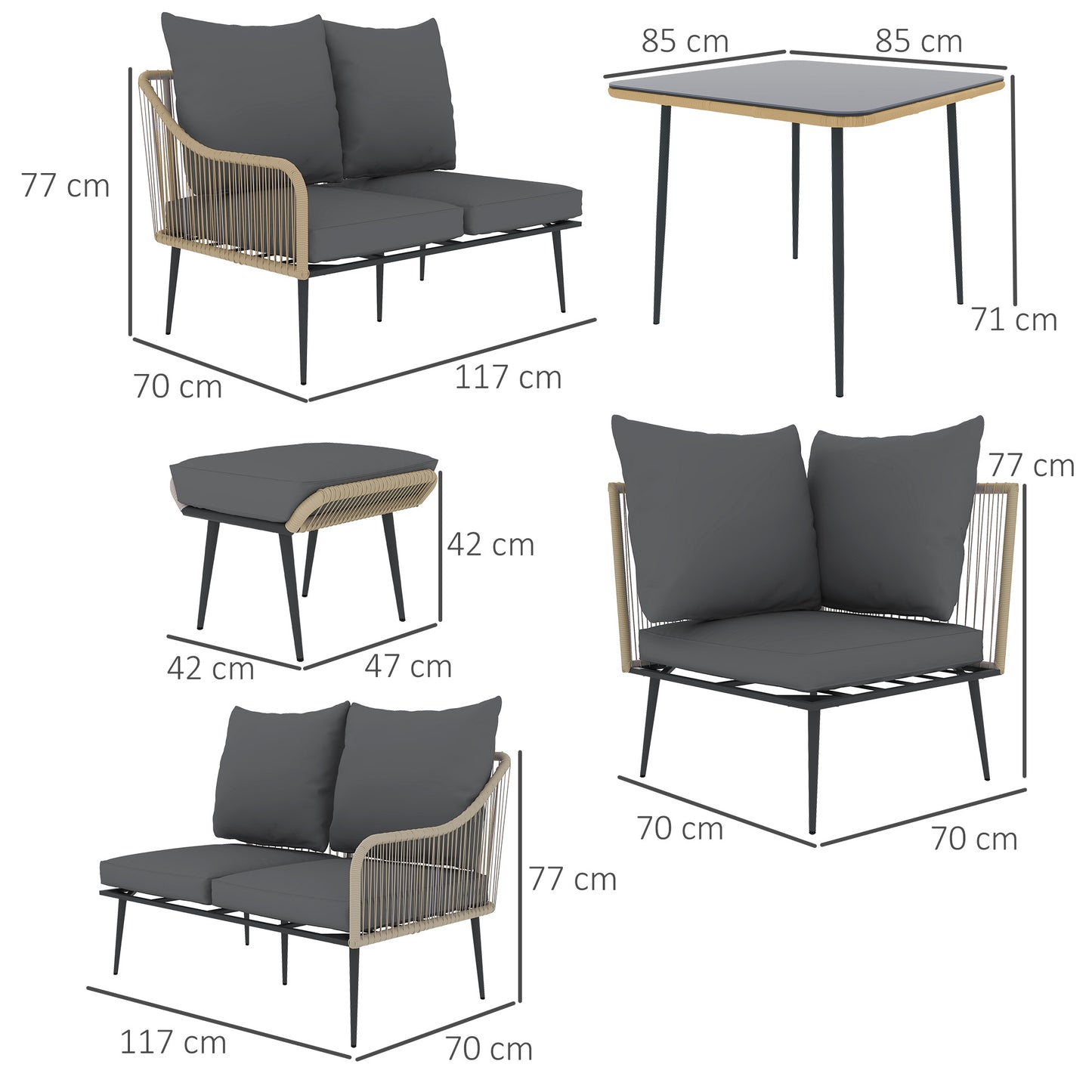 Outsunny Six Piece Rattan Garden Sofa Set With Steel Frame Brown Grey Outdoor Patio Furniture