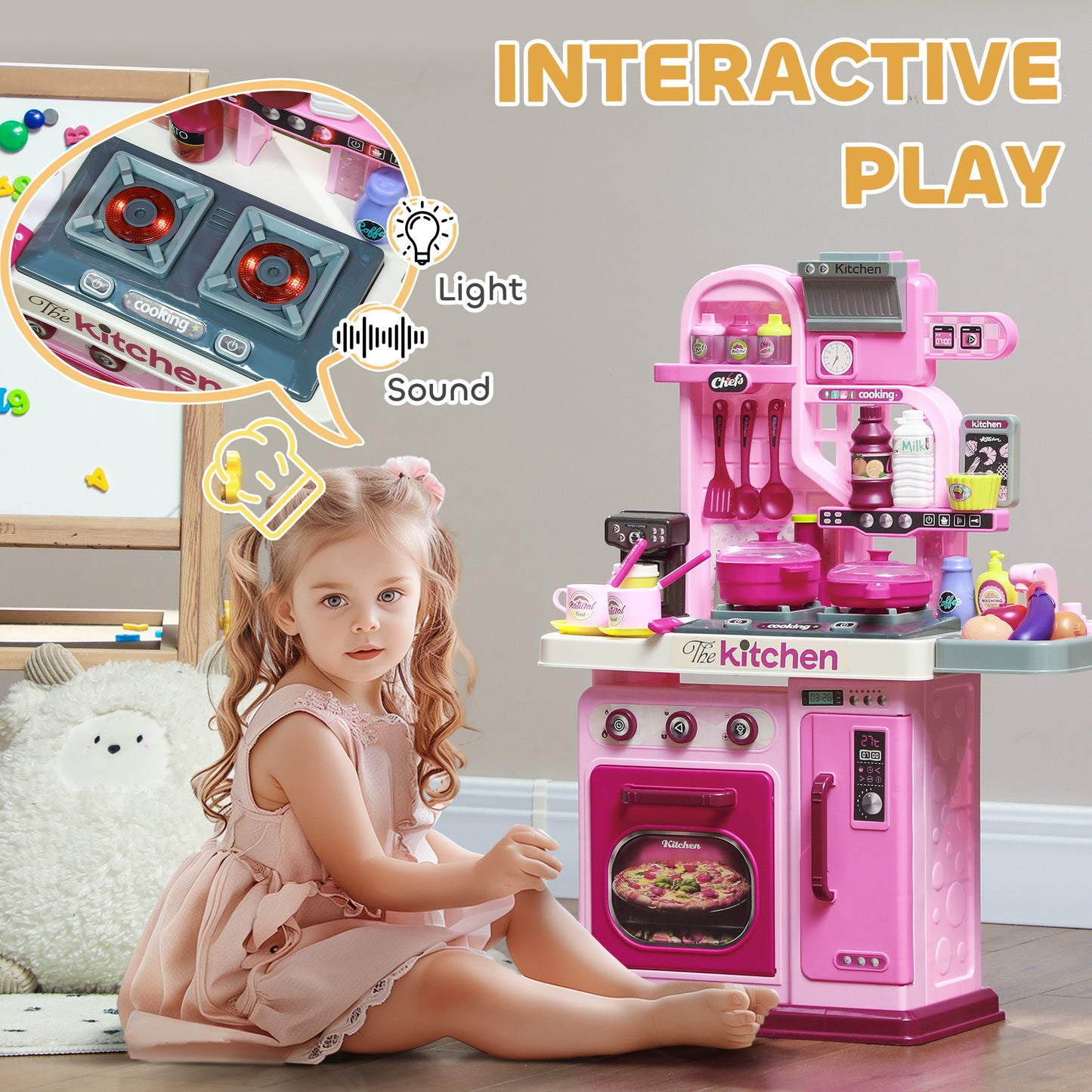 AIYAPLAY 33-Piece Pink Kitchen Playset for Kids with Lights, Sounds, and Storage - Perfect for Ages 3-6