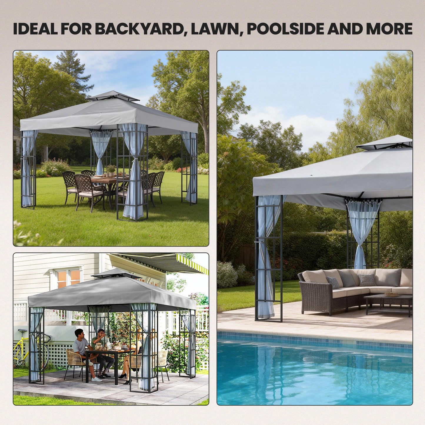 Outsunny 3x3m Patio Gazebo Canopy Garden Pavilion Tent Shelter With Mosquito Netting 2 Tier Roof Light Grey