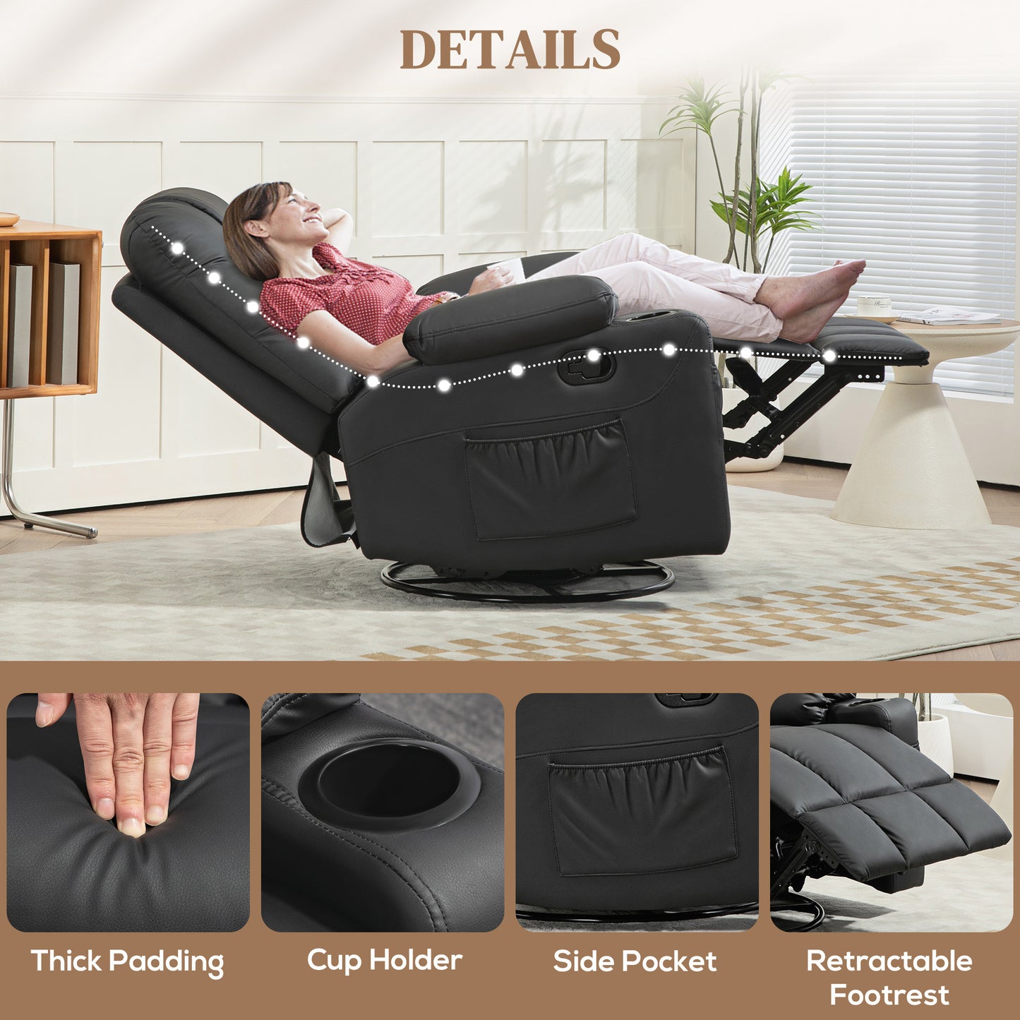 HOMCOM 360° Swivel Recliner Chair with Footrest and Cup Holders, Faux Leather Armchair in Black, Manual Recline, Compact Design - ALL4U RETAILER LTD