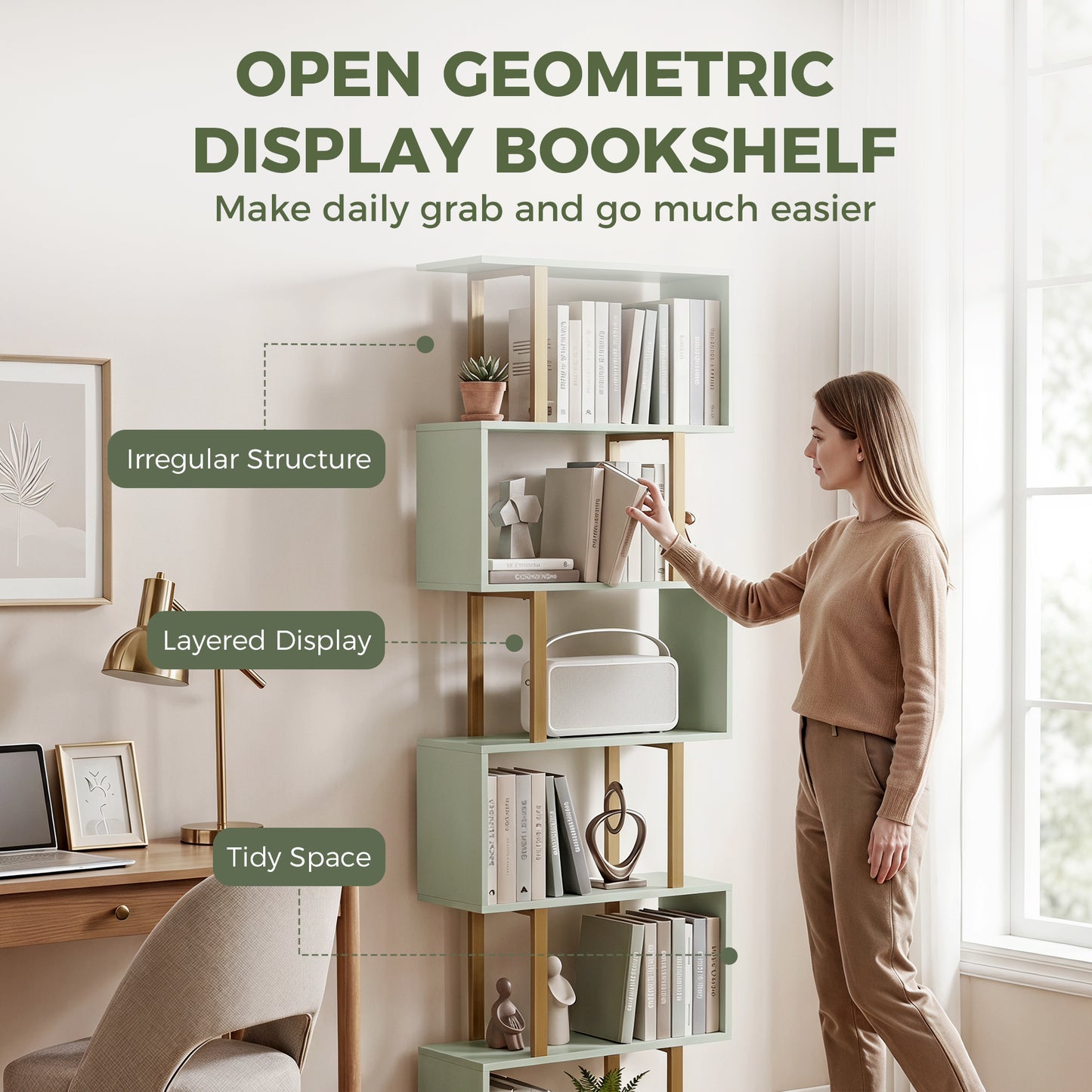HOMCOM S Shaped Bookshelf 5 Tier Freestanding Storage Shelves With Anti Tip Strap For Living Room Light Green