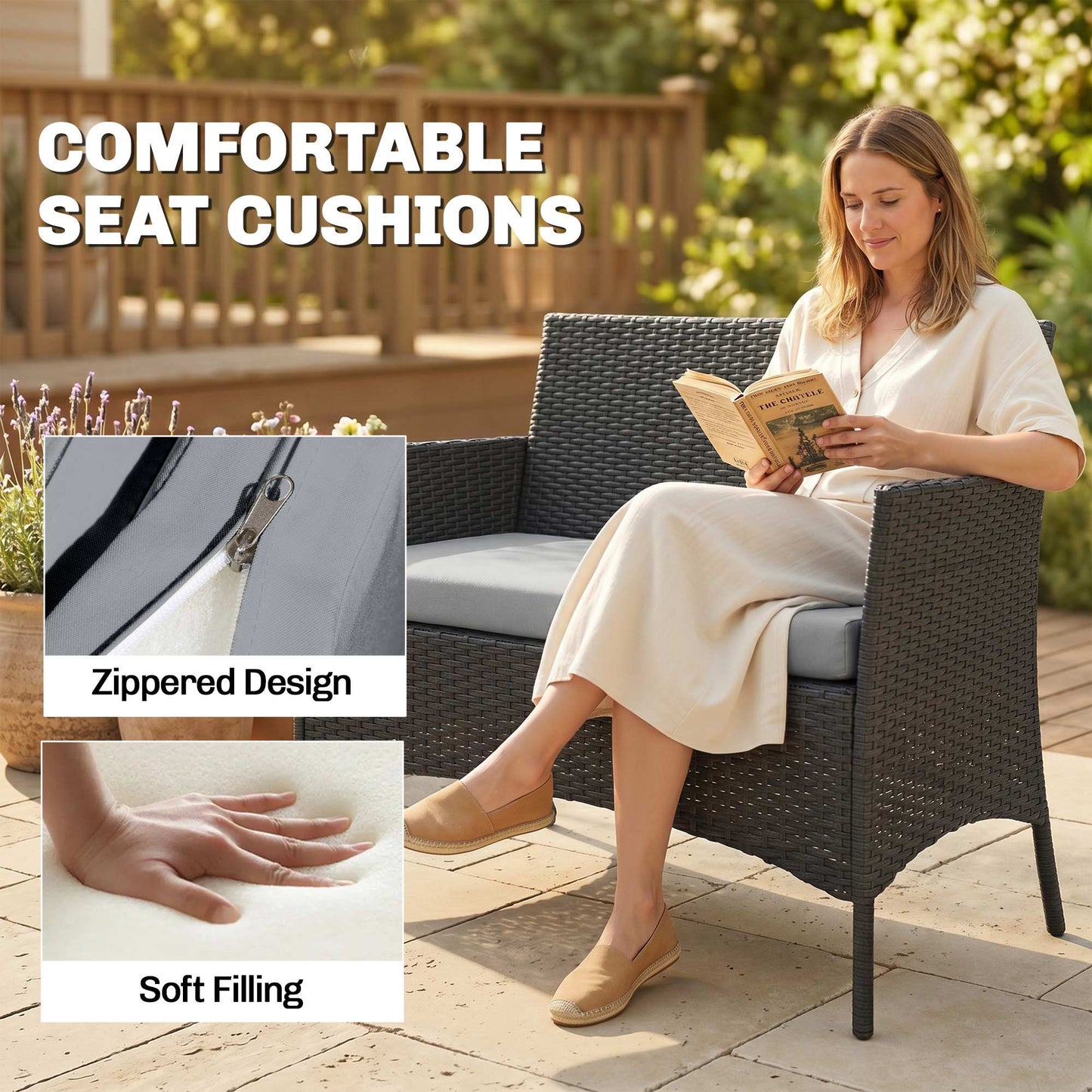 Outsunny 4 Piece Rattan Garden Furniture Set With Loveseat, Armchairs, Glass Top Coffee Table And Cushions Black