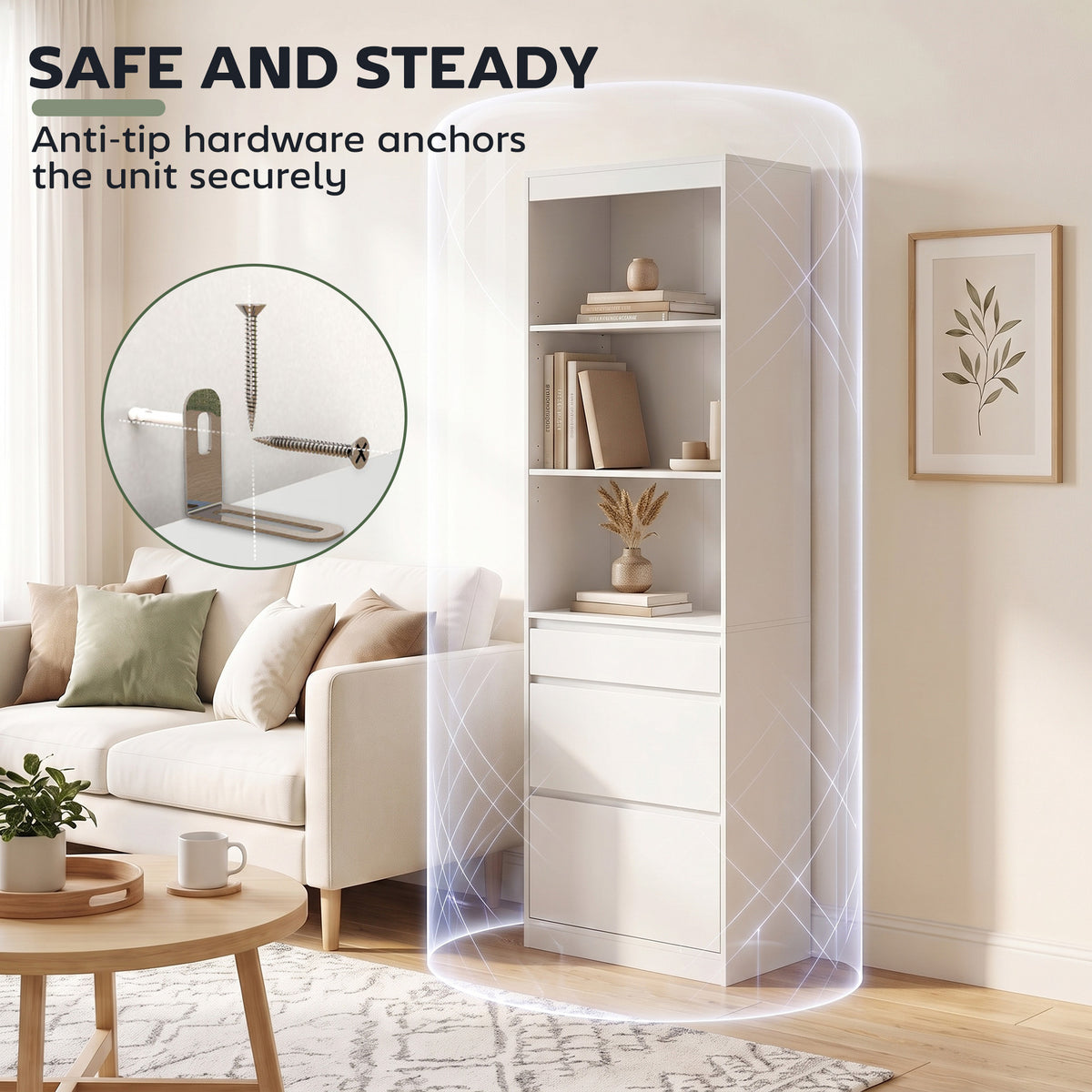 White bookcase with adjustable shelves and three drawers, featuring open storage compartments.