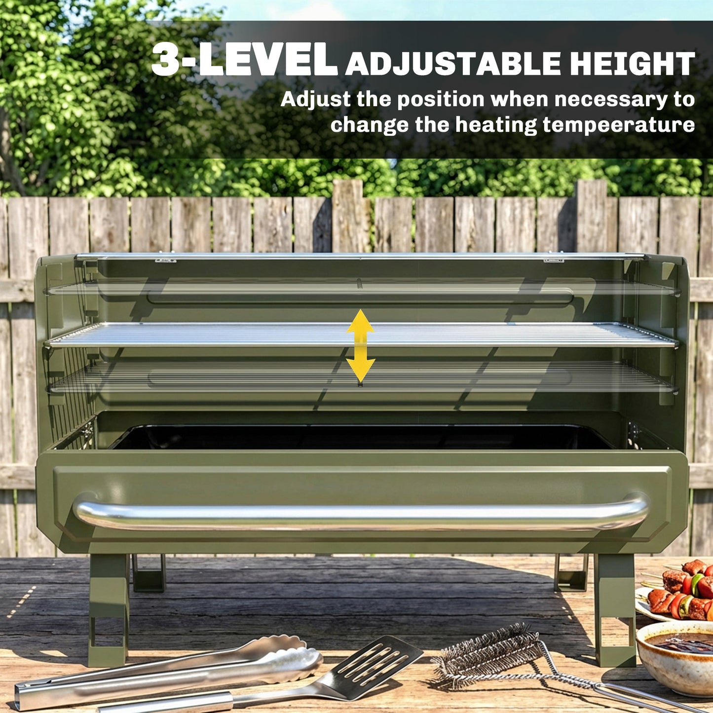Outsunny Portable Charcoal BBQ Grill with Adjustable Grates, Foldable Legs, Side Shelf for Camping Travel Green