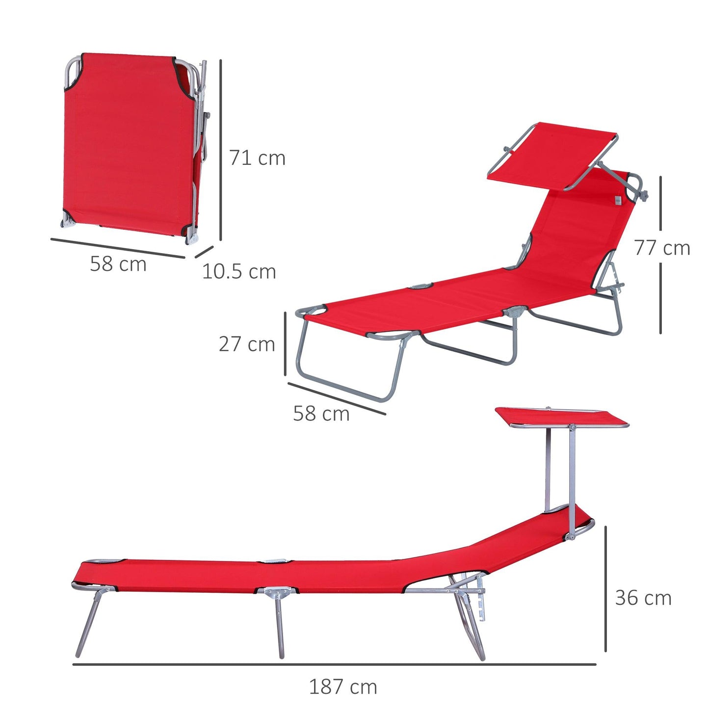 Outsunny Folding Sun Lounger, Lounge Chairs Reclining Sleeping Bed with Adjustable Sun Shade Awning for Beach, Patio - ALL4U RETAILER LTD