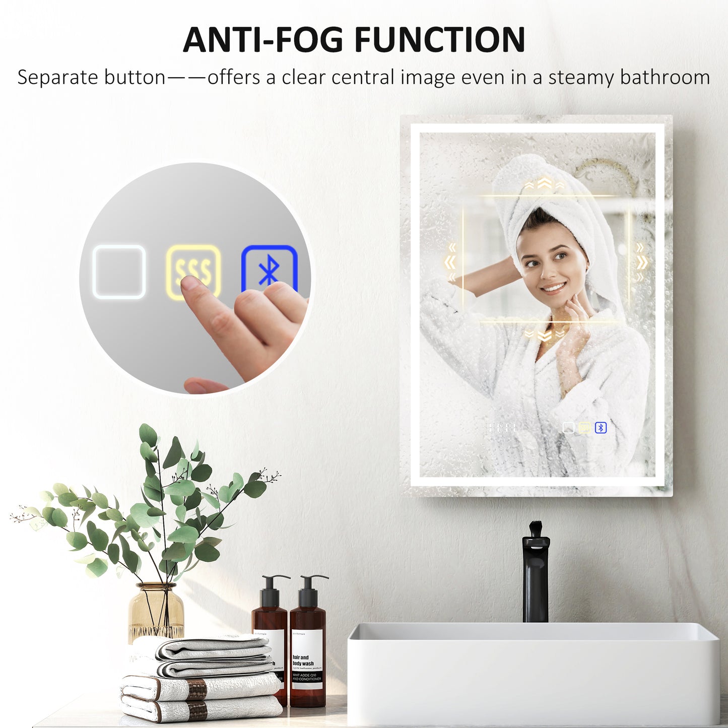 HOMCOM 50 By 70 Cm Anti Fog LED Bathroom Mirror With Bluetooth And Clock Silver Tone