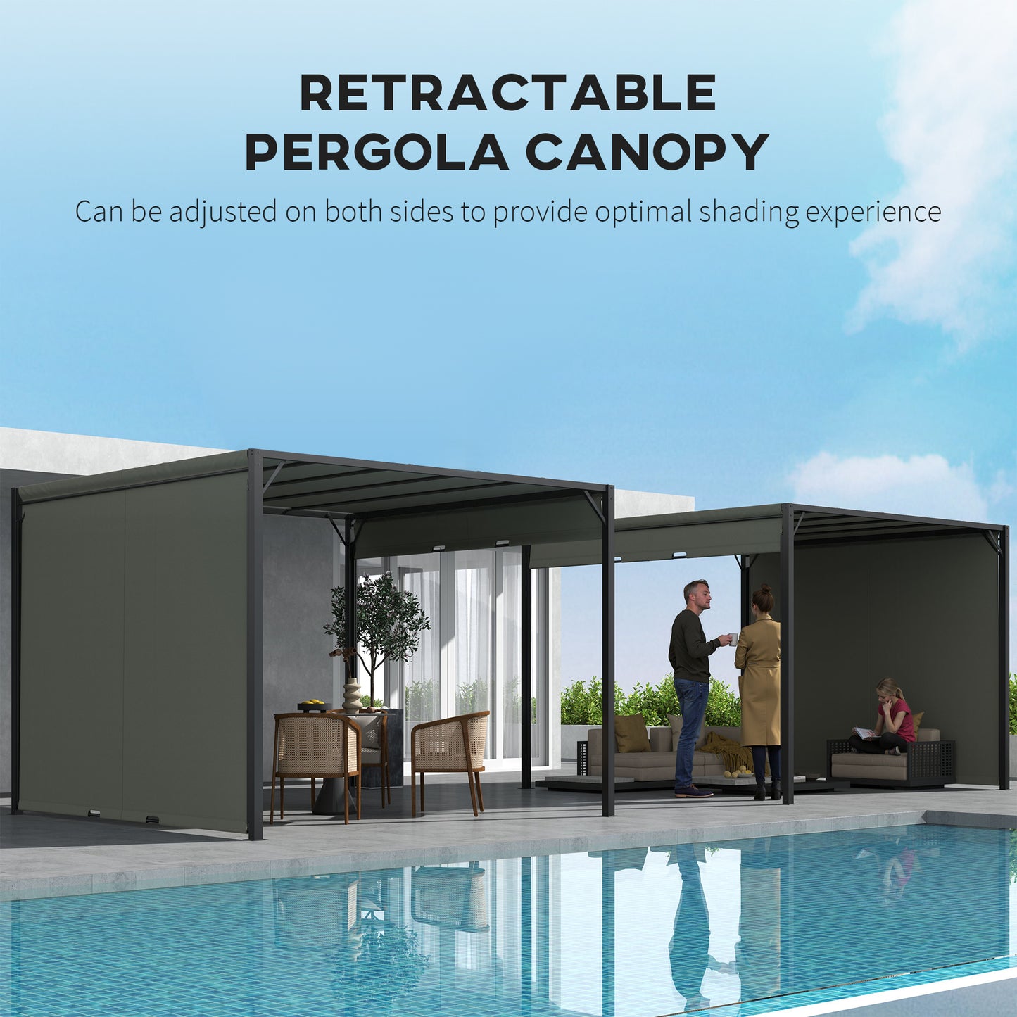 Outsunny 3x3m Pergola With Sliding Roof Garden Gazebo Steel Frame Charcoal Grey Canopy