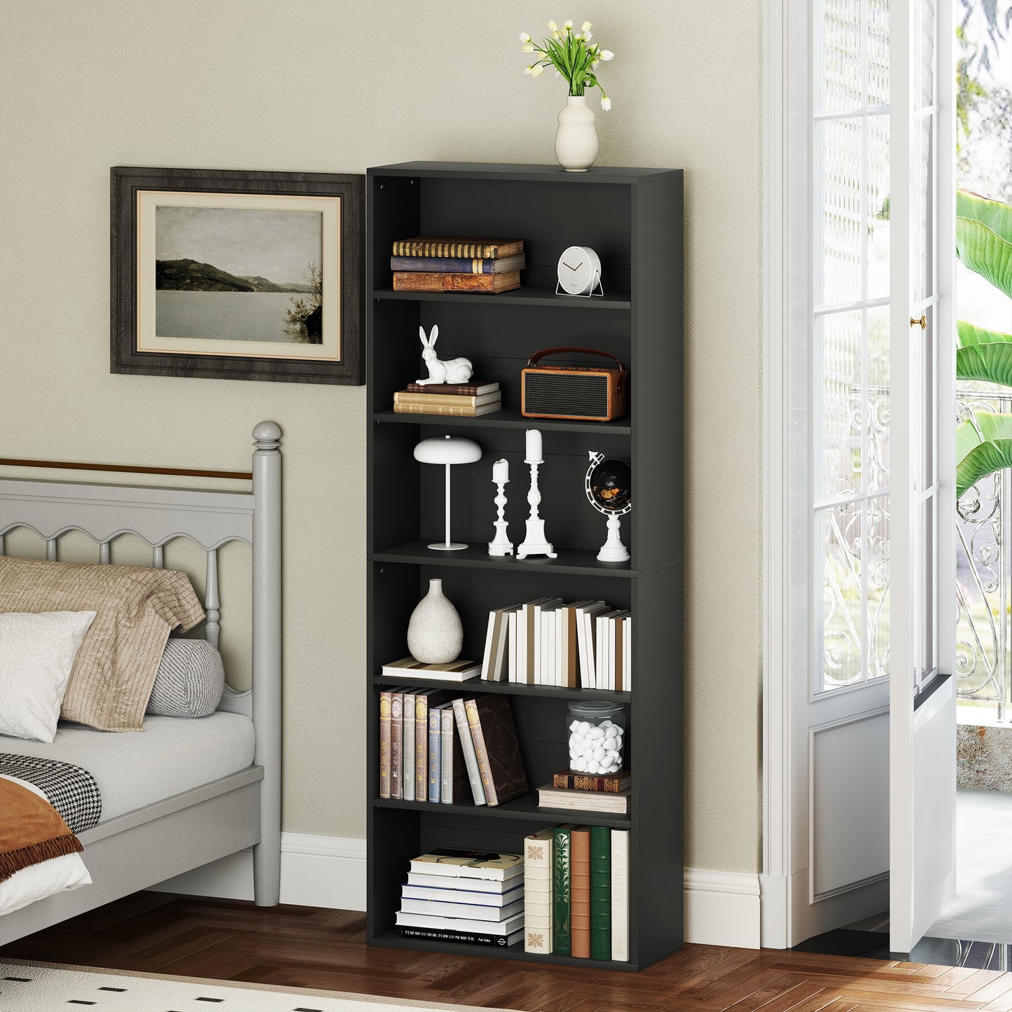 HOMCOM Six Shelf Bookcase Black With Four Adjustable Shelves And Six Open Compartments
