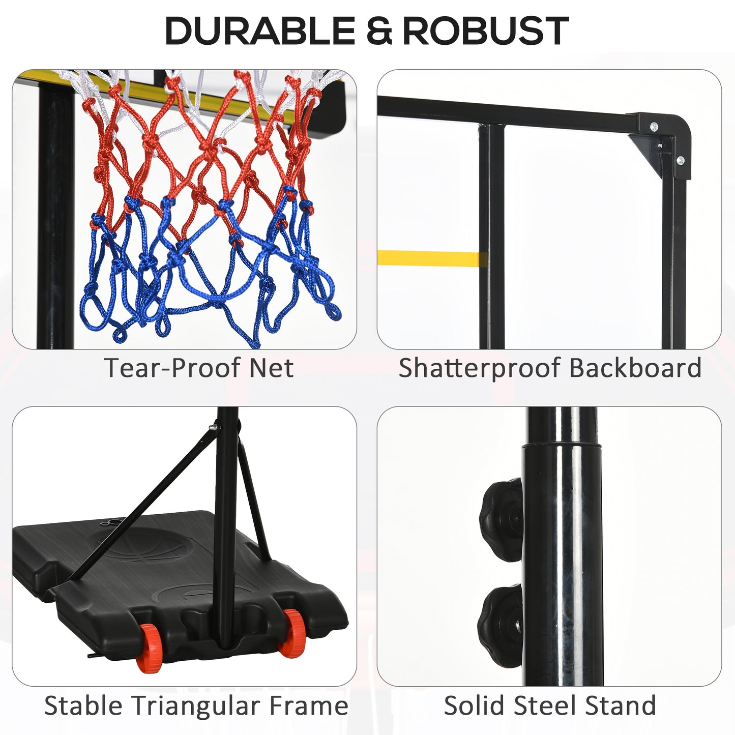 Adjustable Portable Basketball Hoop with Weighted Base and Wheels - Yellow