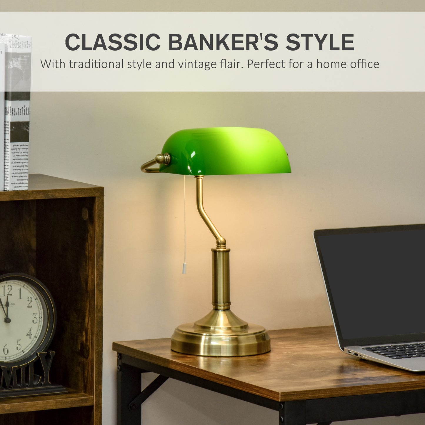 HOMCOM Bankers Table Lamps Set Of 2 With Bronze Base And Green Glass Shades Pull Rope Switch For Living Room