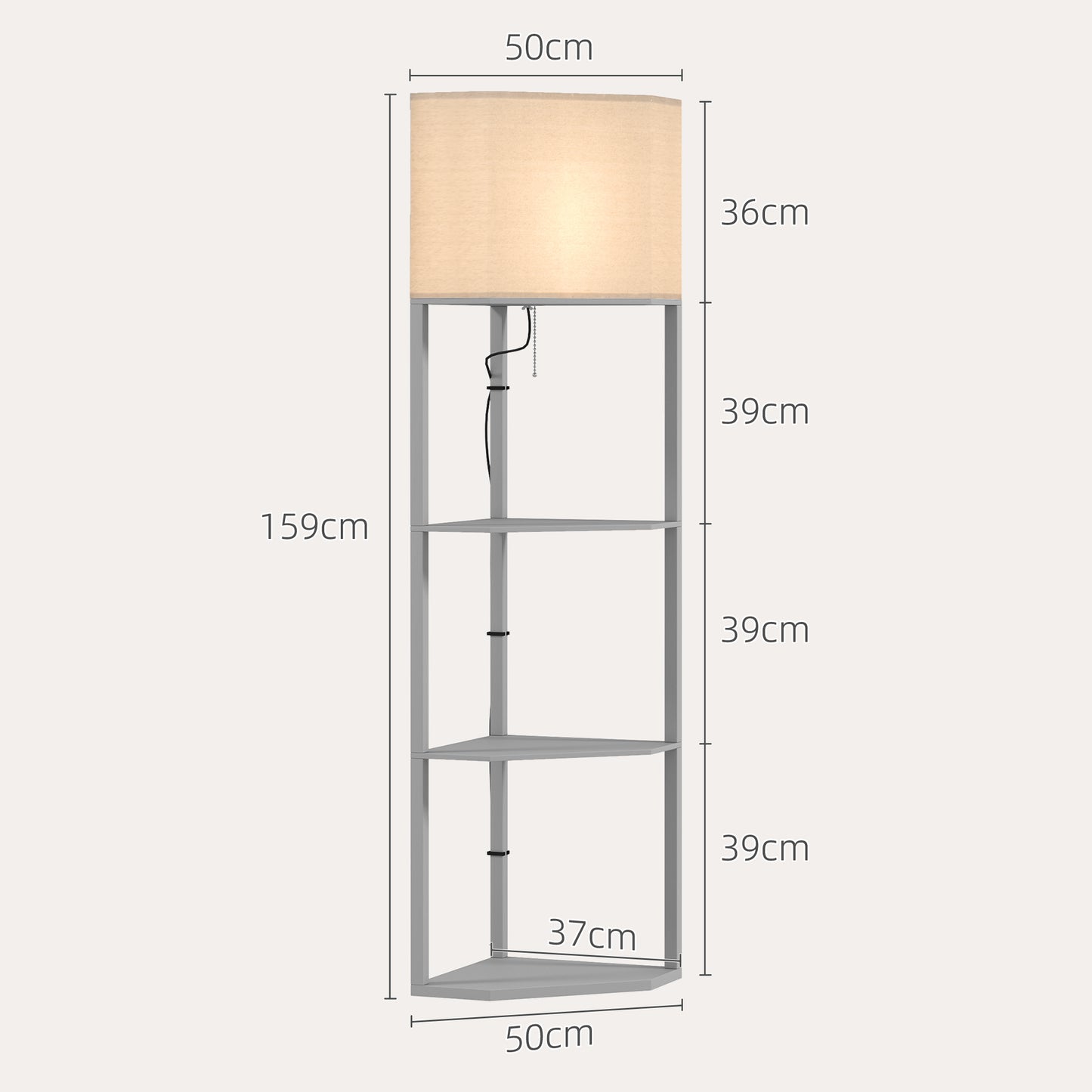 HOMCOM Corner Floor Lamp With Shelves 2 In 1 Standing Lamp For Living Room Pull Chain Switch Bulb Not Included Grey