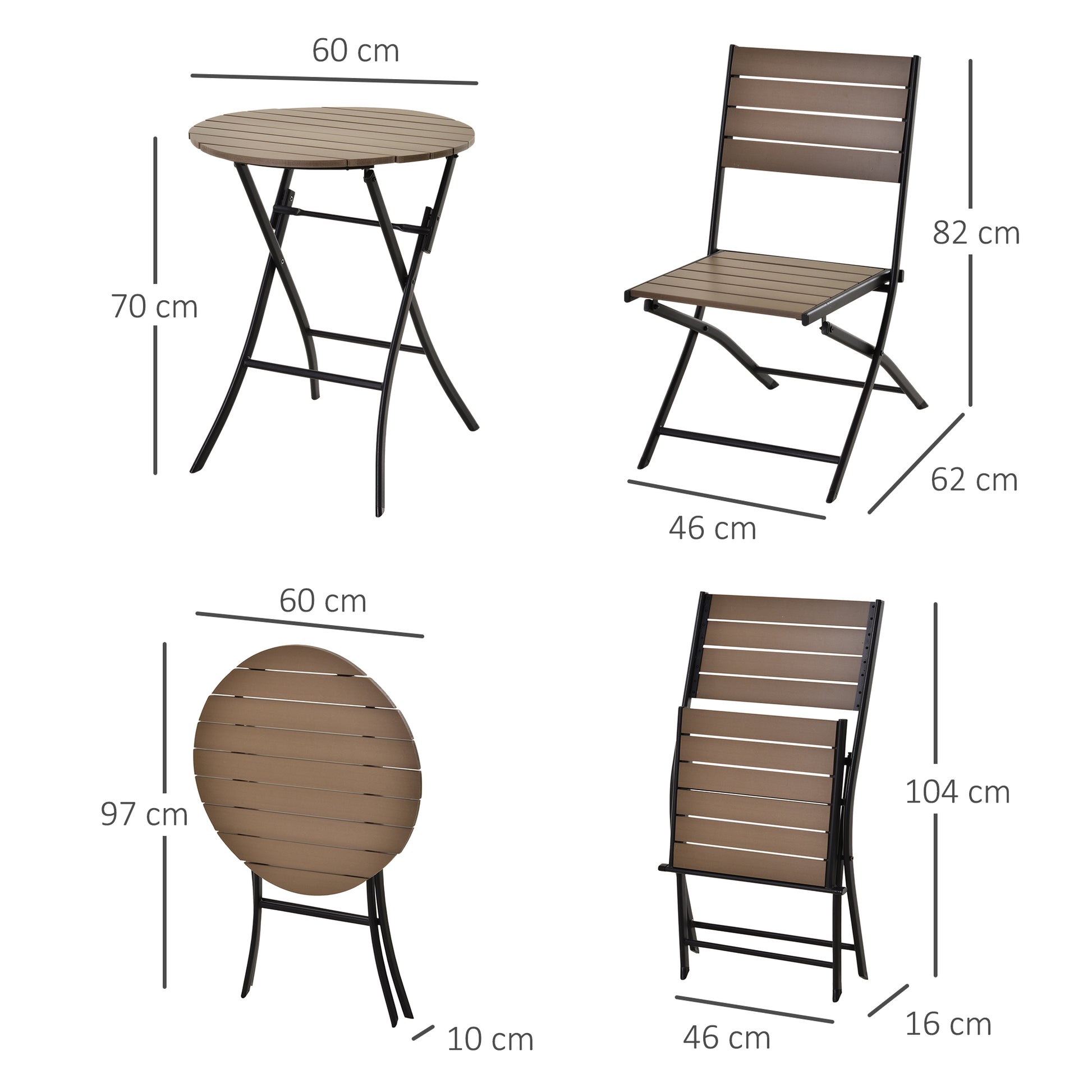 Outsunny Compact 3-Piece Folding Bistro Set with Metal Frame and Slatted Plastic Panels - Black & Brown Garden Dining Furniture - ALL4U RETAILER LTD