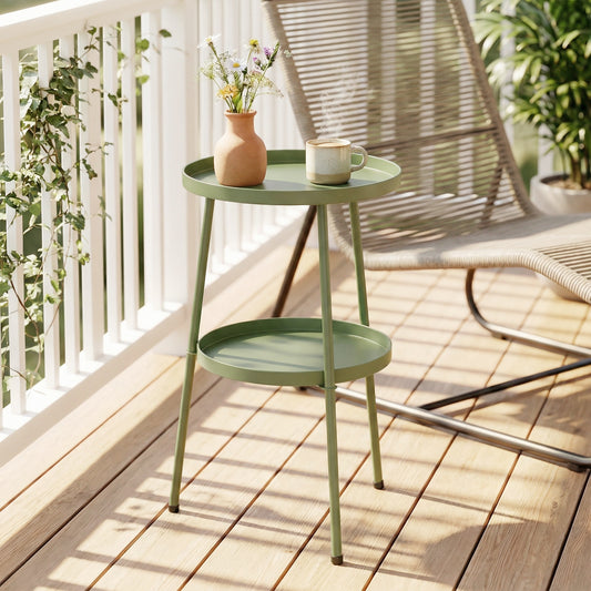 Outsunny 2 Tier Round Coffee End Table Patio Side Table For Garden Balcony Living Room Bedroom Light Green