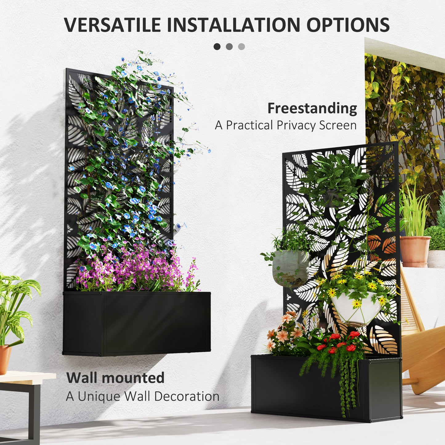Outsunny Outdoor Metal Planter With Back Trellis Black Powder Coated Garden Box 32L