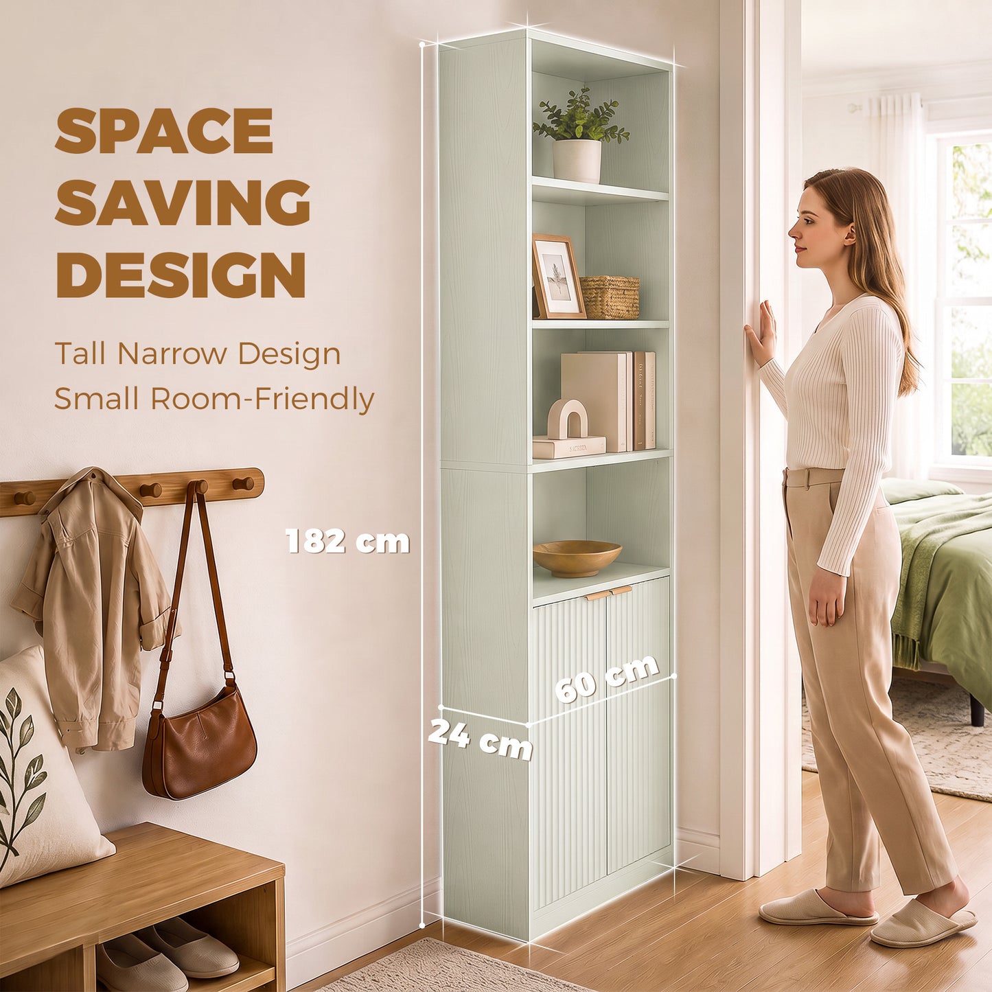Homcom 6 Tier Slim Bookshelf With Adjustable Shelf And Cabinet Light Green