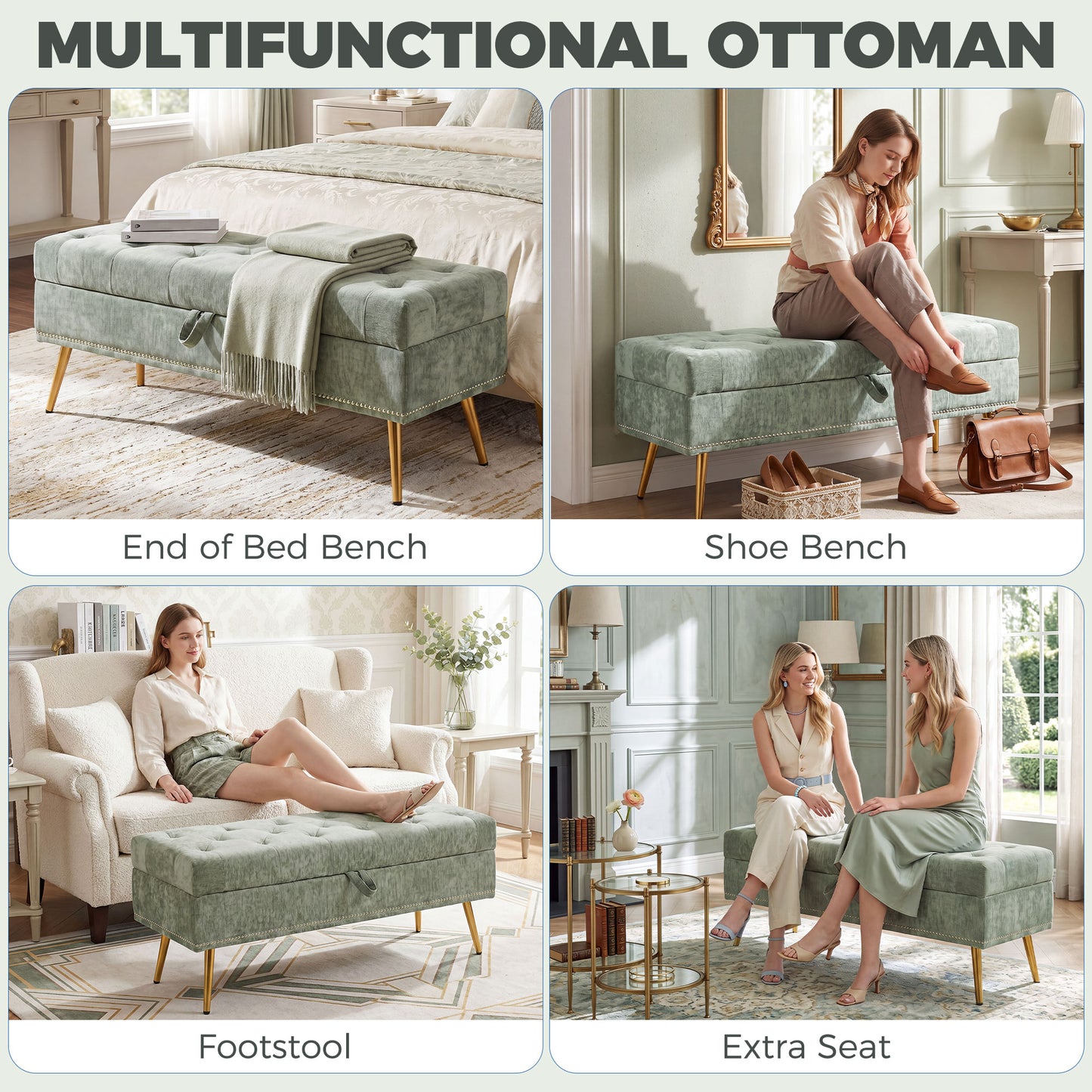 HOMCOM Storage Ottoman Chenille Upholstered Box With Padded Seat And Metal Legs Light Green 114x41x45 cm