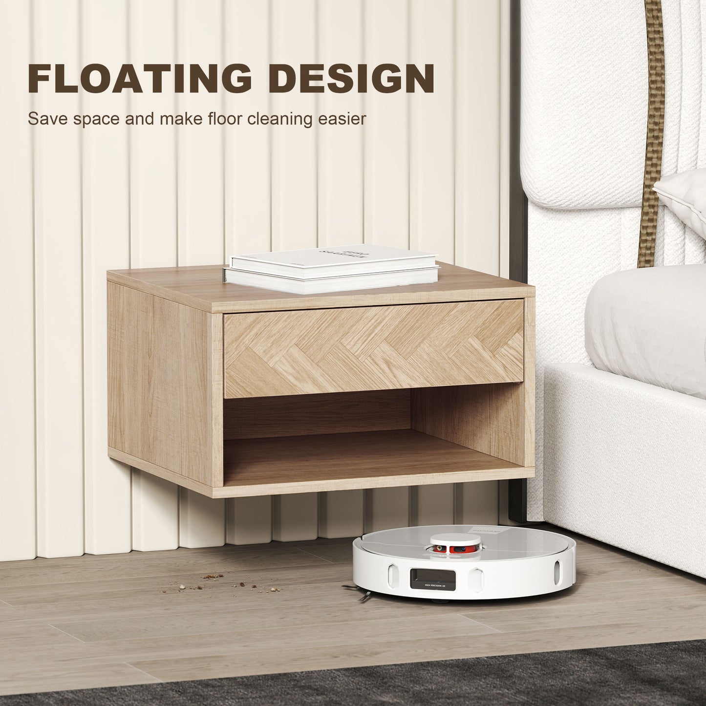 HOMCOM Floating Bedside Tables Set of Two in Natural Wood Finish with Drawer and Open Shelf