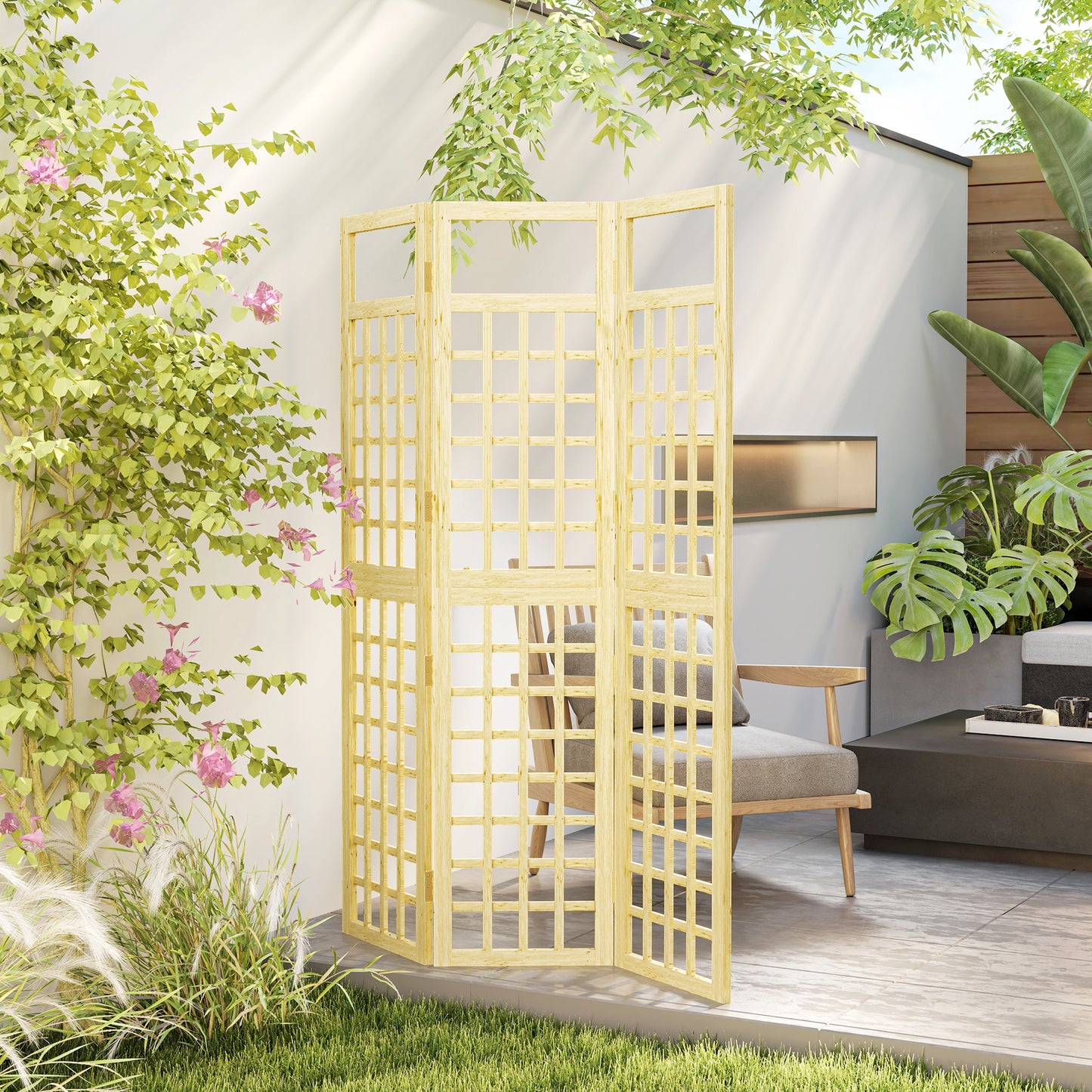 Outsunny 3 Panel Garden Privacy Screen Foldable Wooden Outdoor Divider Trellis 120 x 170 cm Natural Finish