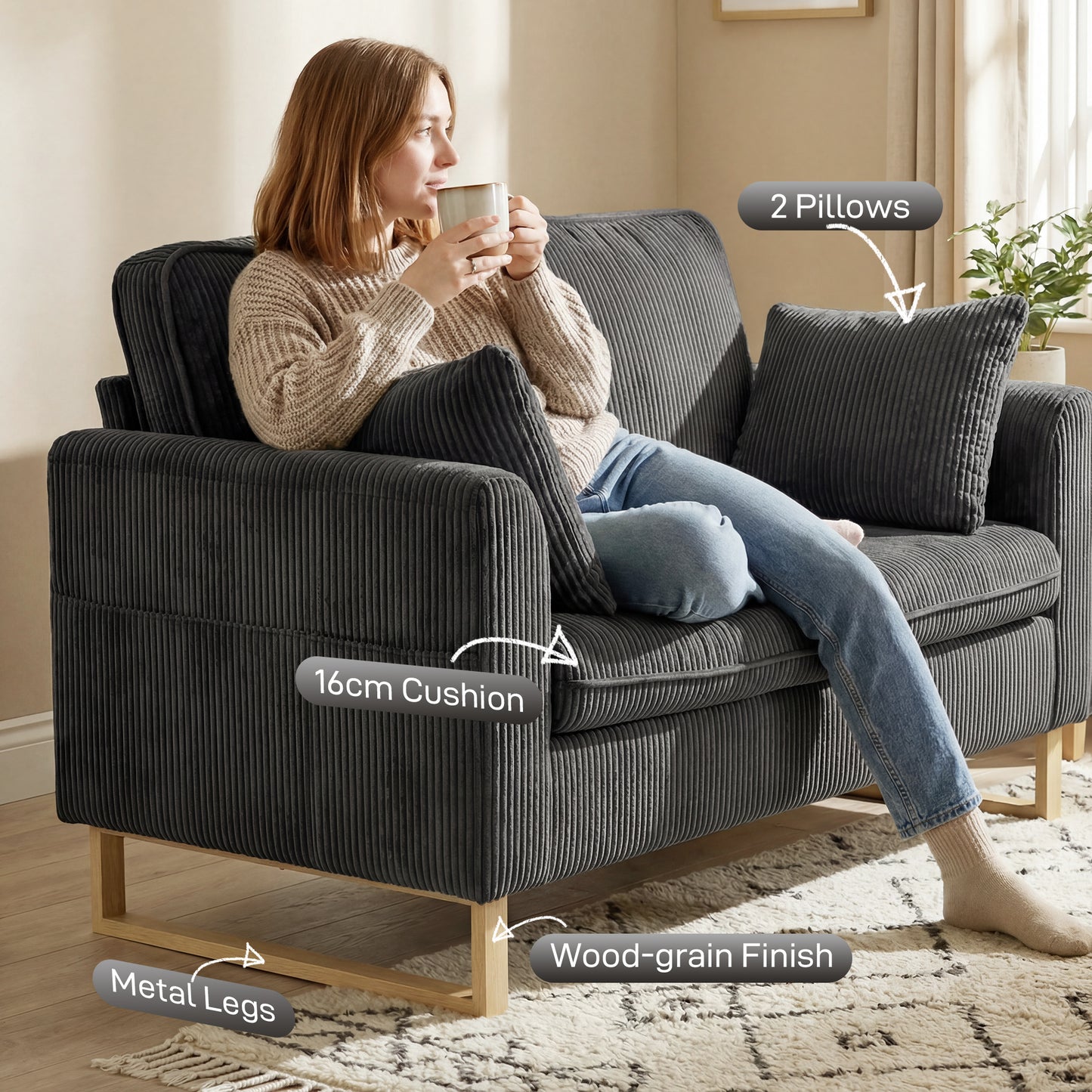 HOMCOM 2 Seater Sofa Loveseat 140 cm With Spring Cushions Metal Legs And 2 Pillows Dark Grey