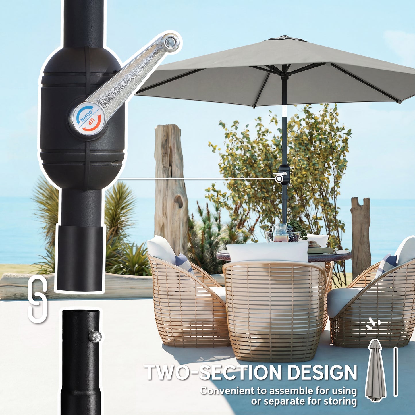 Outsunny 2.6 Meter Garden Parasol Umbrella With Aluminium Pole For Outdoor Patio Tilt And Crank Vent Light Grey