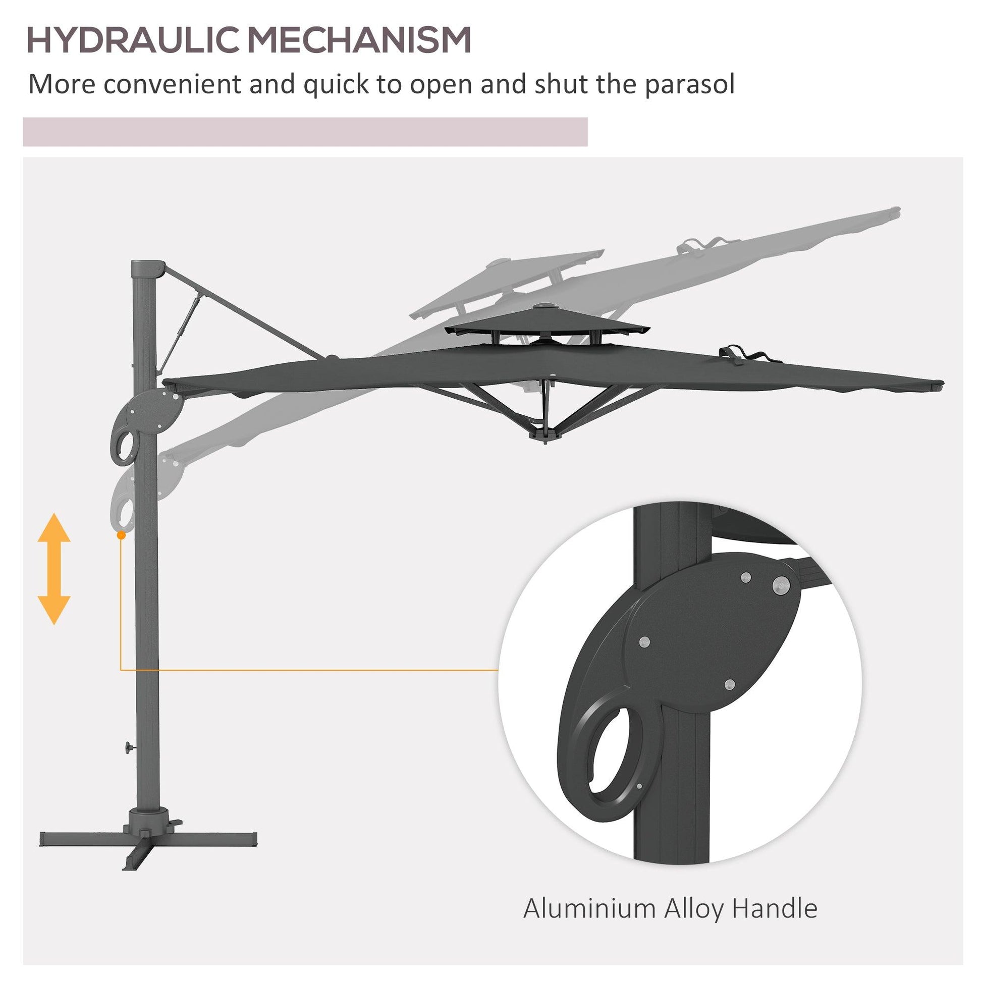 Outsunny Garden Parasol, 3(m) Cantilever Parasol with Hydraulic Mechanism, Dual Vented Top, 8 Ribs, Cross Base, Grey - ALL4U RETAILER LTD