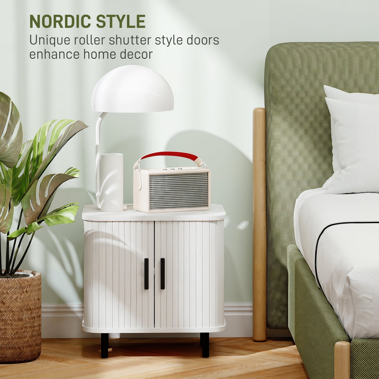 HOMCOM Nordic Design Nightstand With Sliding Doors And Metal Legs White Wood Effect