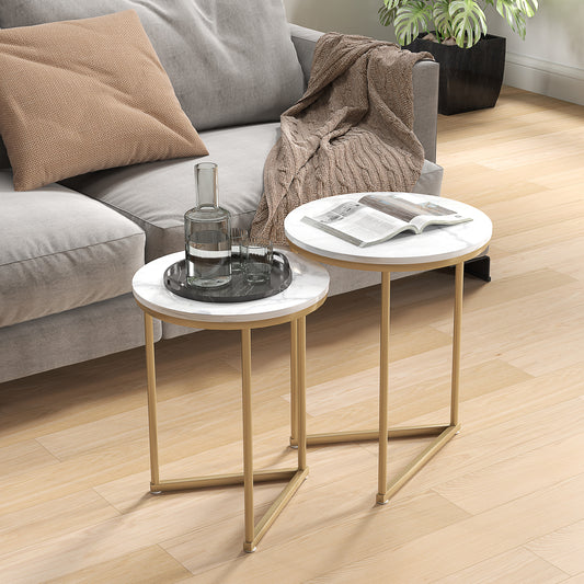 HOMCOM Marble Effect Nesting Tables Set Of Two White And Gold Tone Finish Perfect For Living Room And Hallway