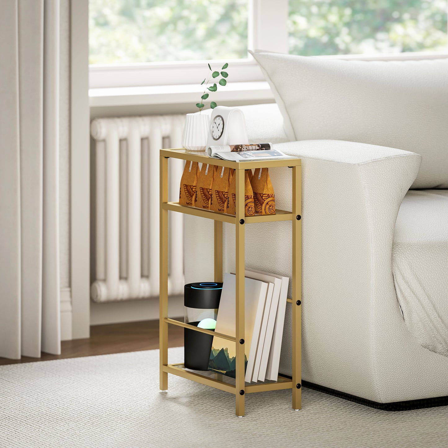 HOMCOM 3-Tier Slim Side Table 18 Cm Wide With Storage Shelf And Tempered Glass Top For Small Spaces Gold Tone