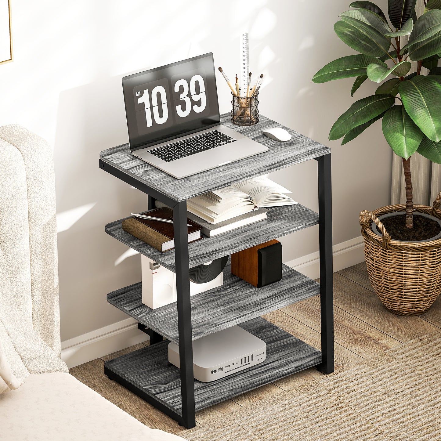 HOMCOM HiFi Stand With Four Storage Shelves In Dark Grey Adjustable Middle Shelves And Sturdy Steel Frame