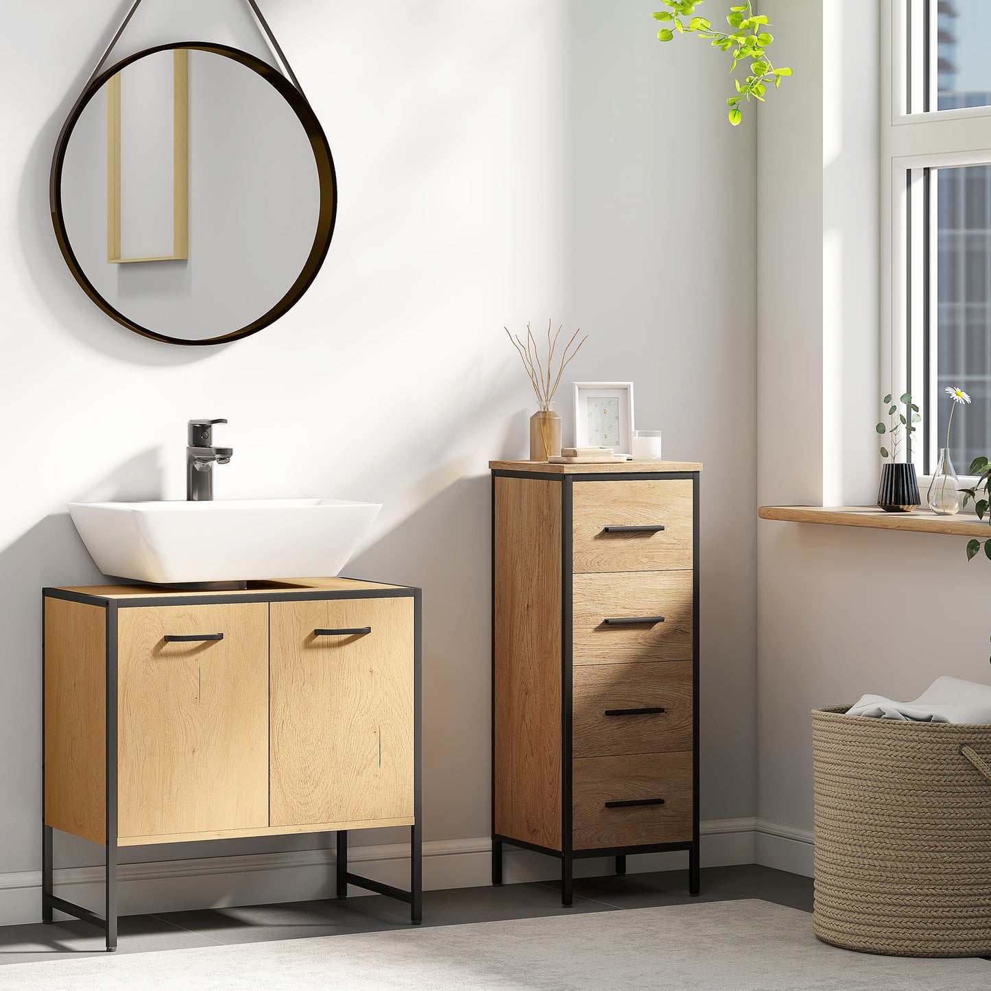 HOMCOM Bathroom Vanity Unit Under Sink Storage Cabinet With Soft Close Doors For Basin Natural Finish